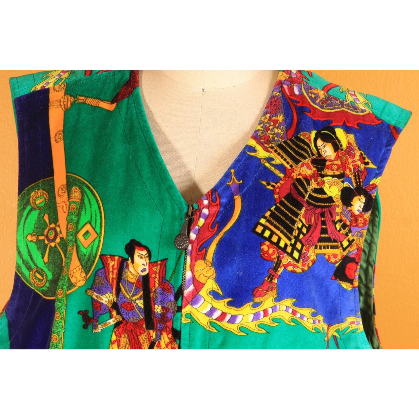 1990s Green and Multi-Colored Novelty Velvet Japanese Samurai Zip Up Vest by Versace Sport -XL-2XL