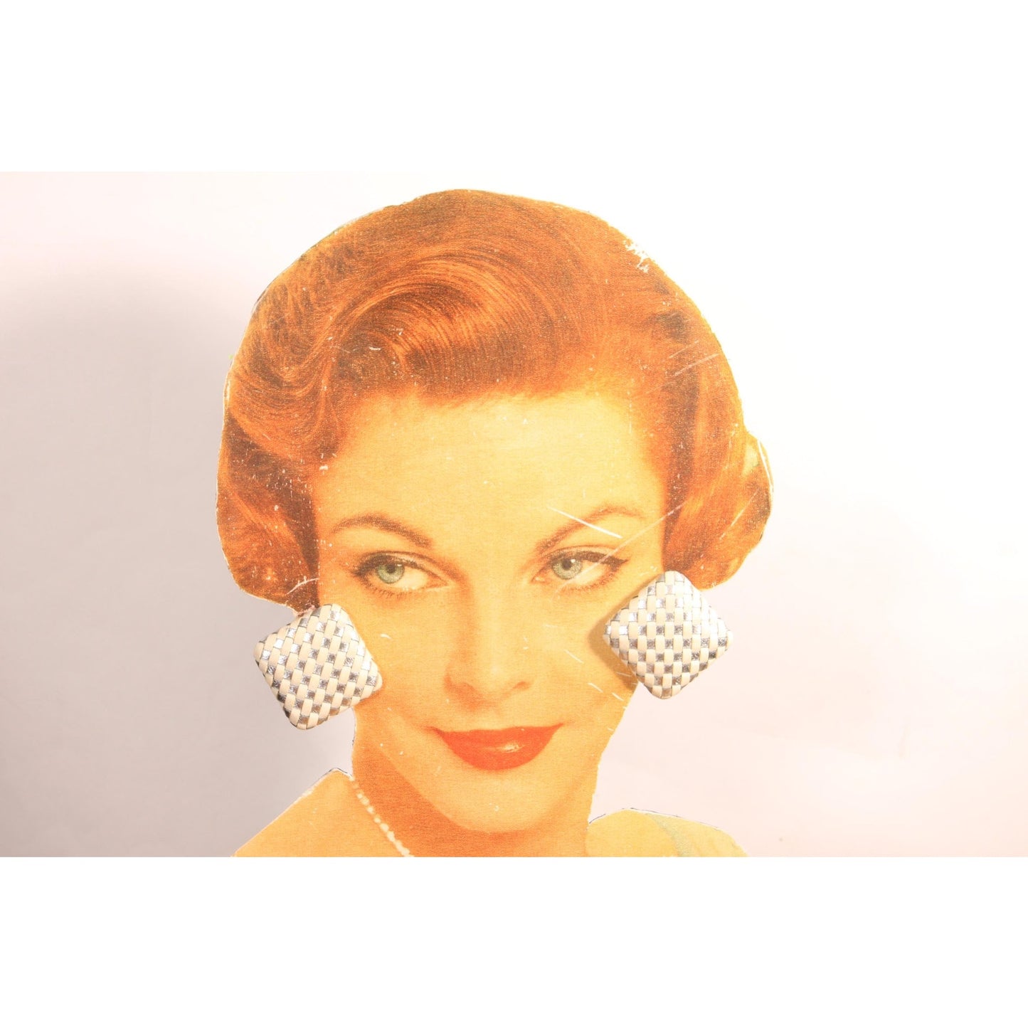 1980s Cream and Silver Leather Woven Oversized Geometric Square Pierced Earrings