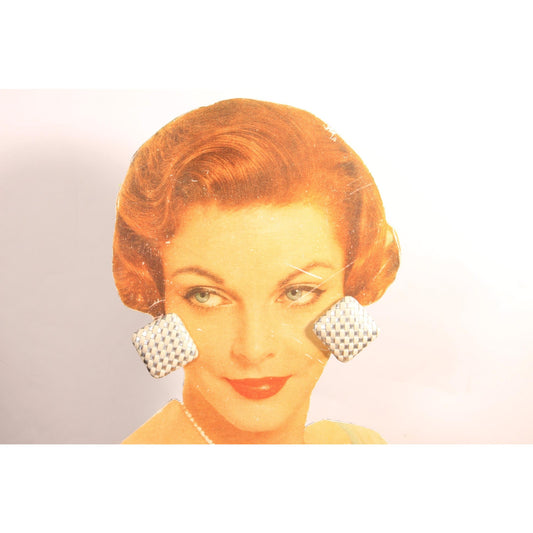 1980s Cream and Silver Leather Woven Oversized Geometric Square Pierced Earrings