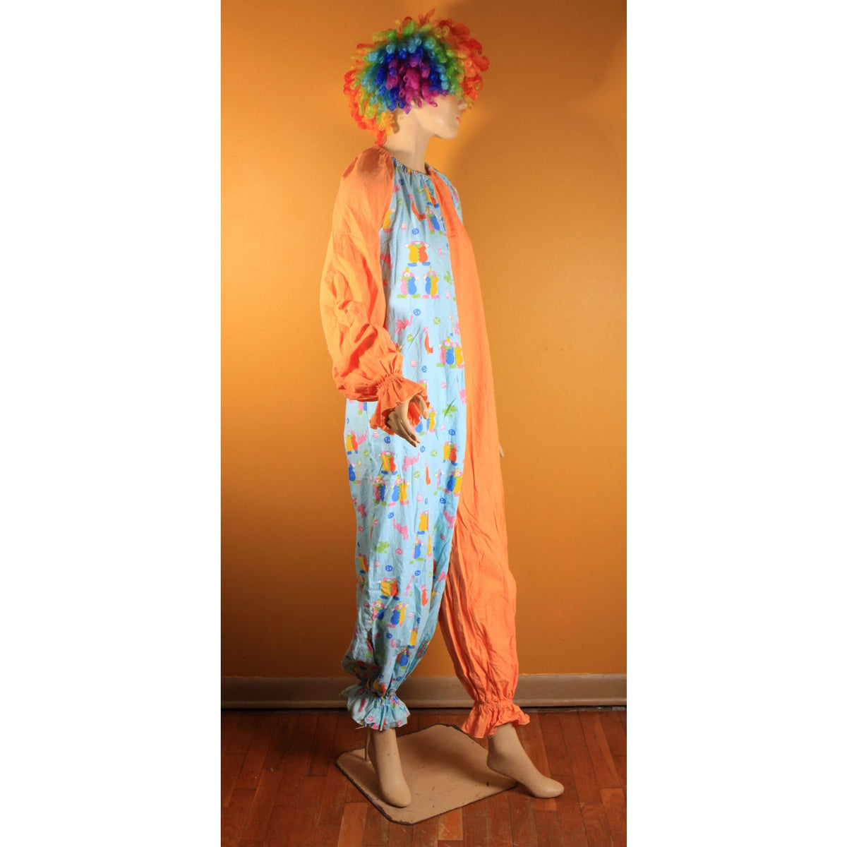 1960s Orange Blue Multi-Colored Novelty Clown Circus Print One Piece Clown Costume
