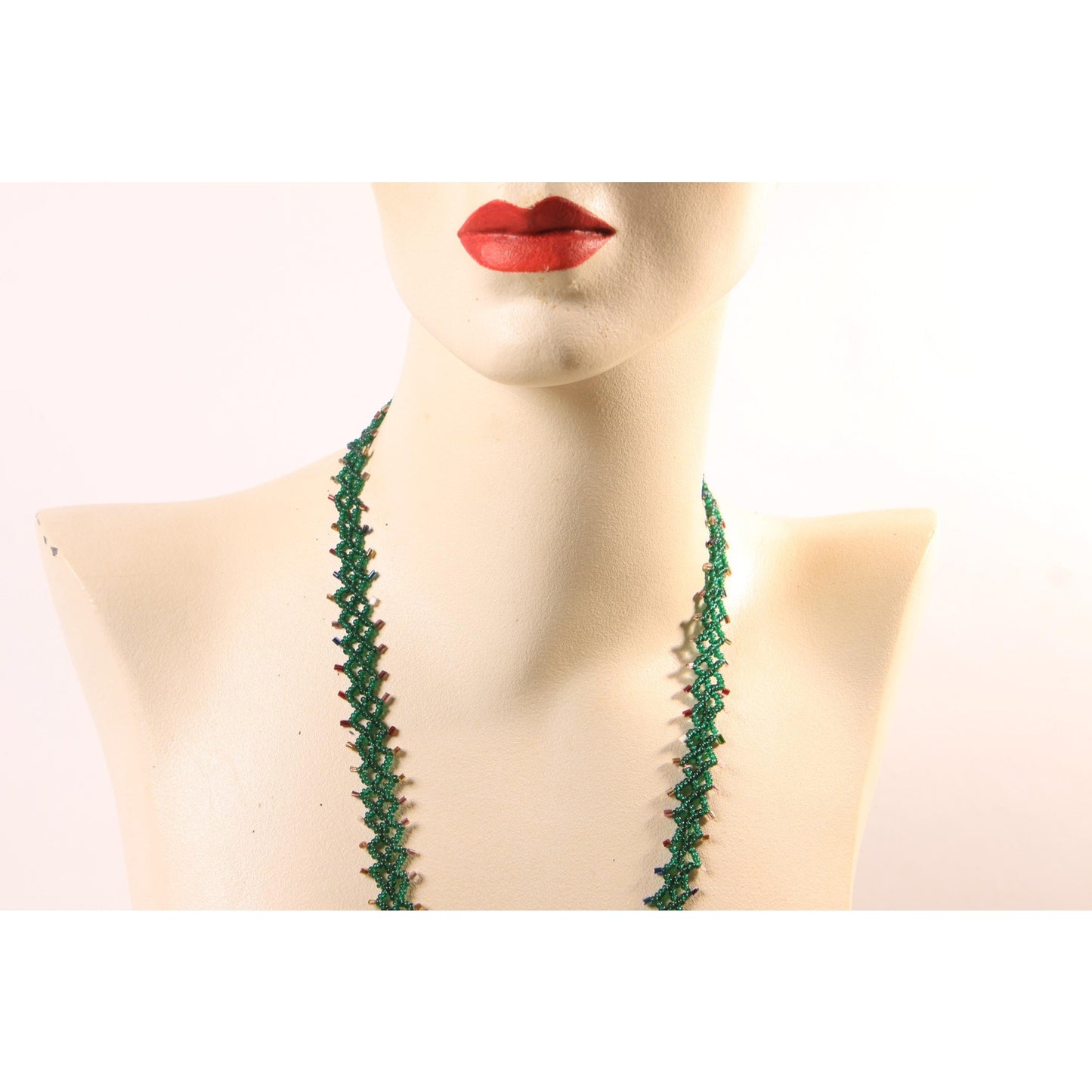1920s Dark Green Glass Beaded Tassel Fringe Flapper Necklace