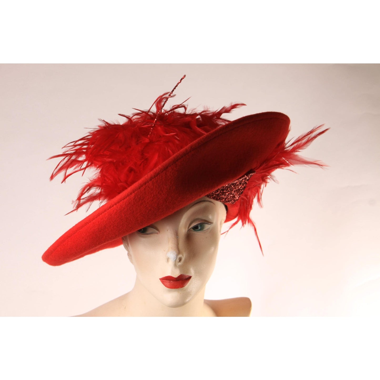 1980s Red Wool Felt Wide Brim Glitter and Feather Avant Garde Formal Hat by Deborah Fashions