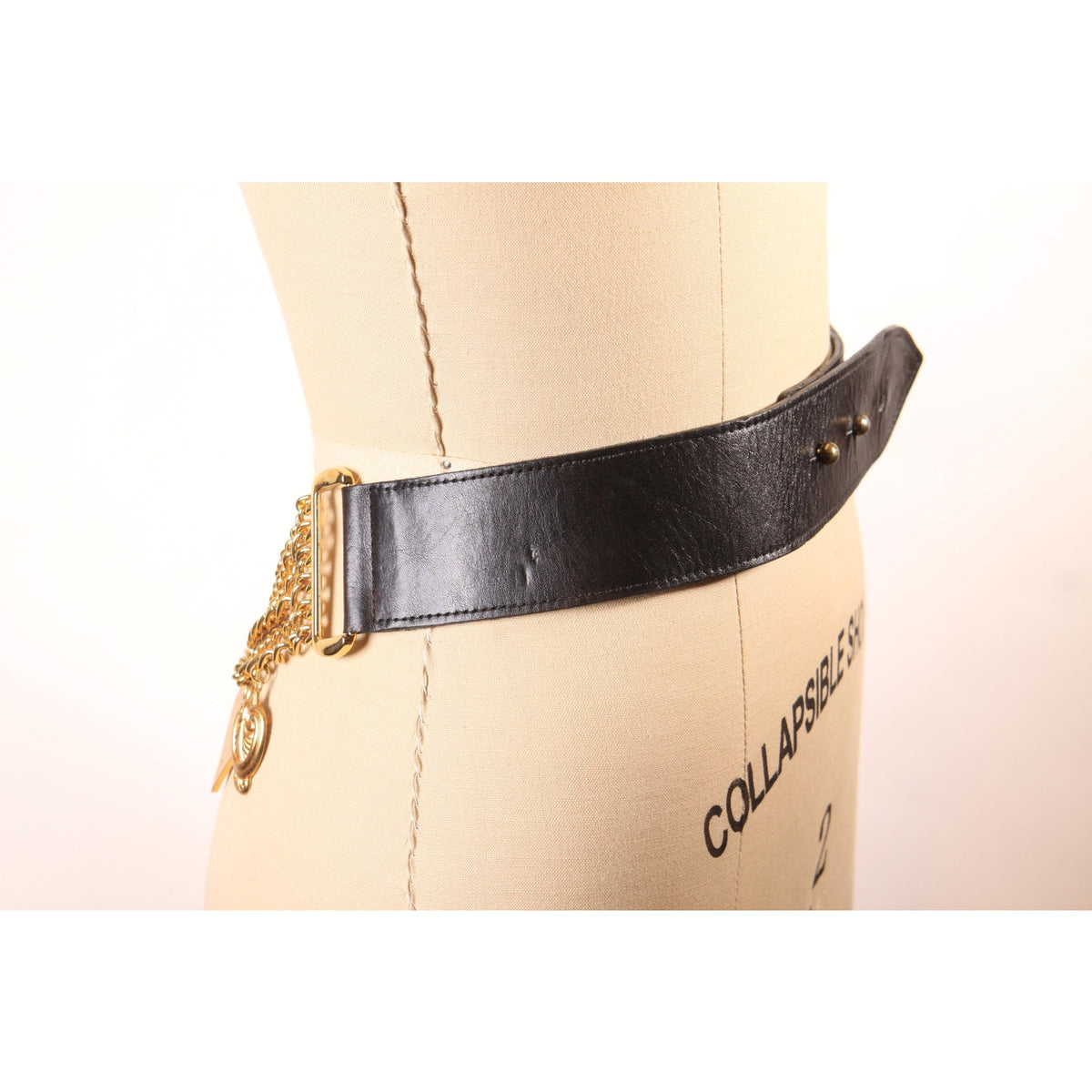 1980s Black Leather and Gold Tone Metal Escada Style Chain Heart and Stars Charm Belt by Details