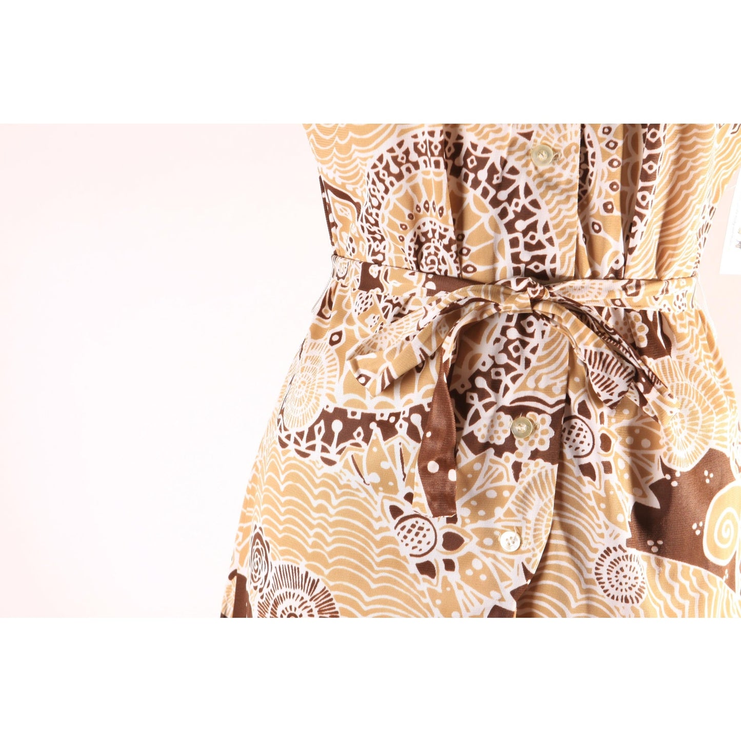 1960s Brown and Tan Psychedelic Abstract Swirl Short Sleeve Belted Dress -XL