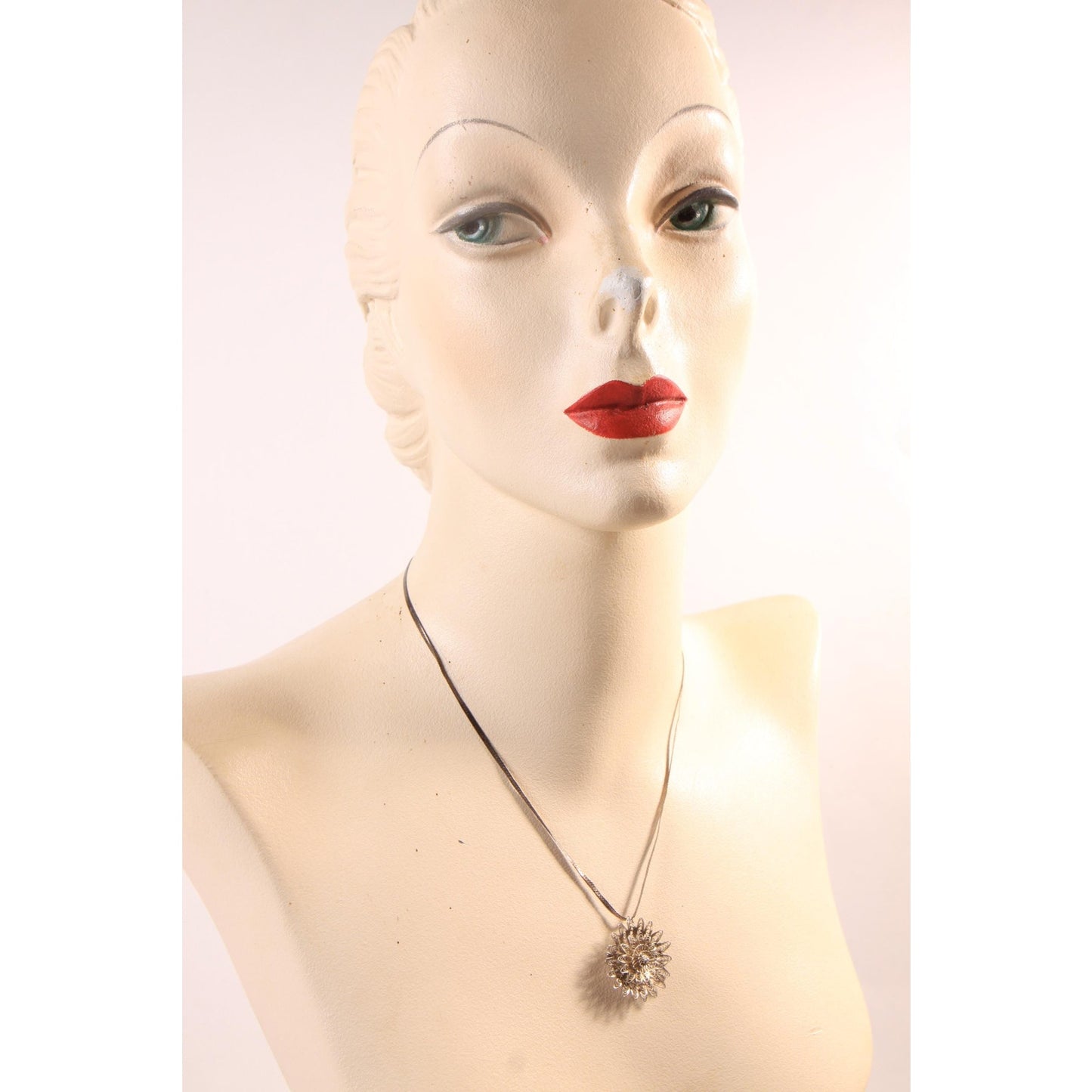 1950s Silver Tone Metal Filigree Floral Flower Brooch Pendant Necklace