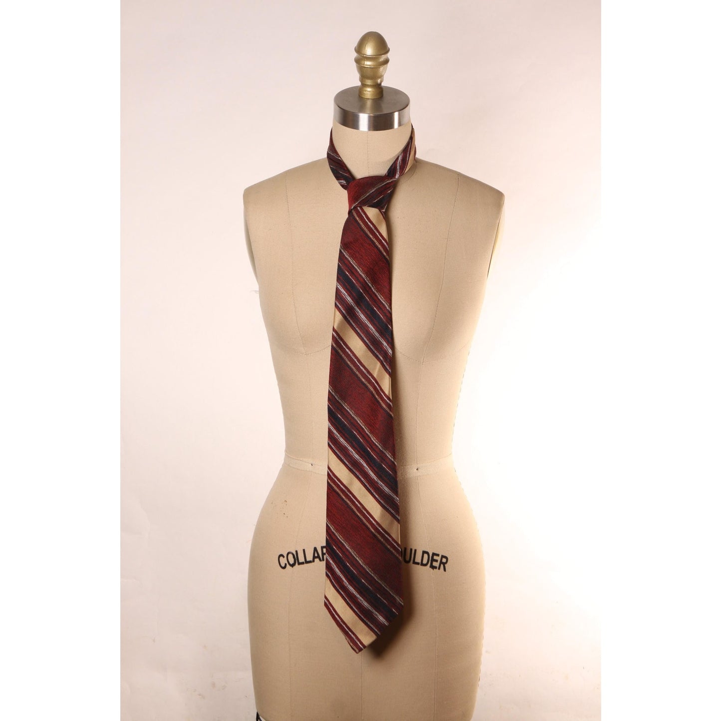 1970s Burgundy, Blue and Tan Striped Wide Necktie Tie by Carriage Cravats