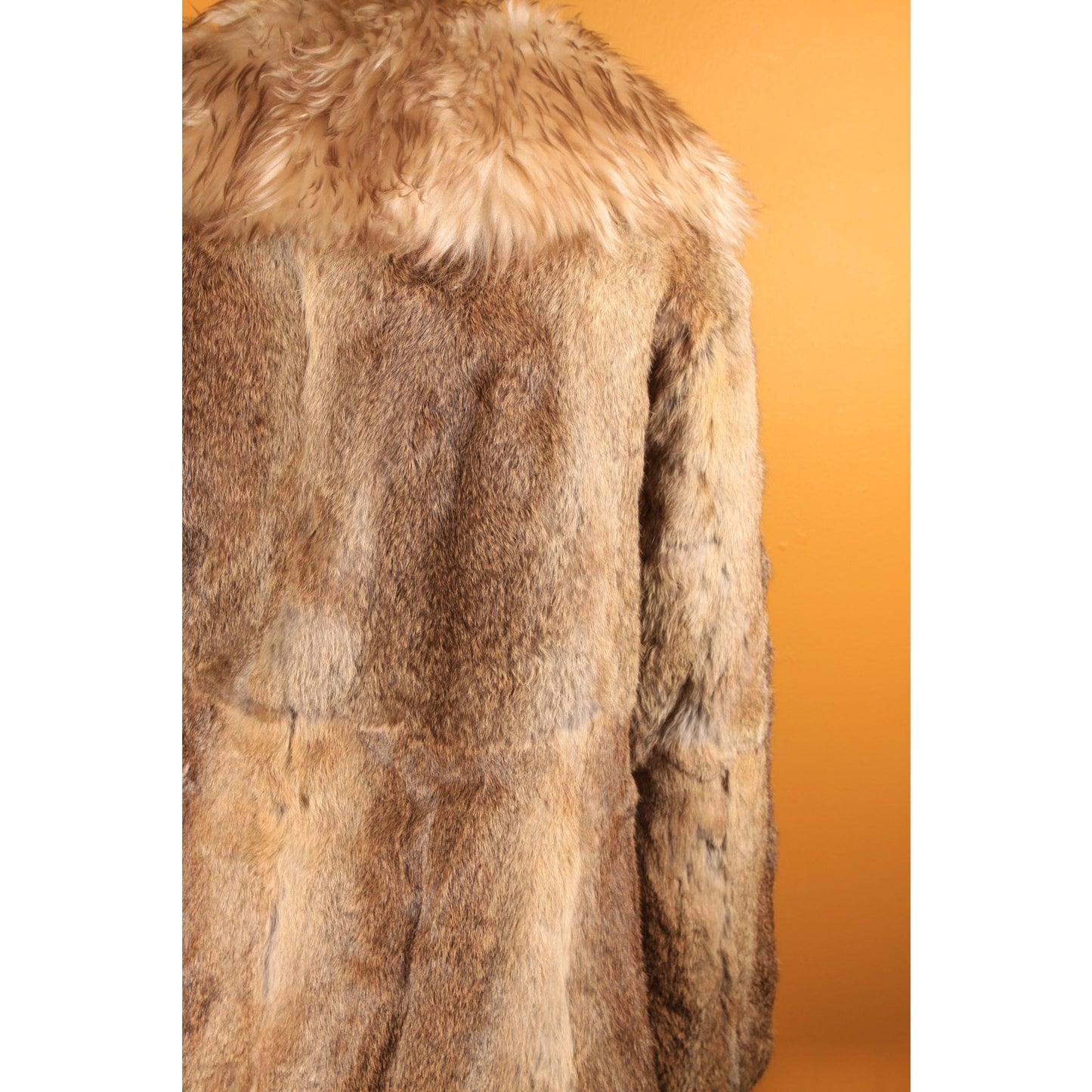 1970s Brown and Gray Rabbit Fur and Shearling Trim Collar Coat by Montgomery Ward -M-L