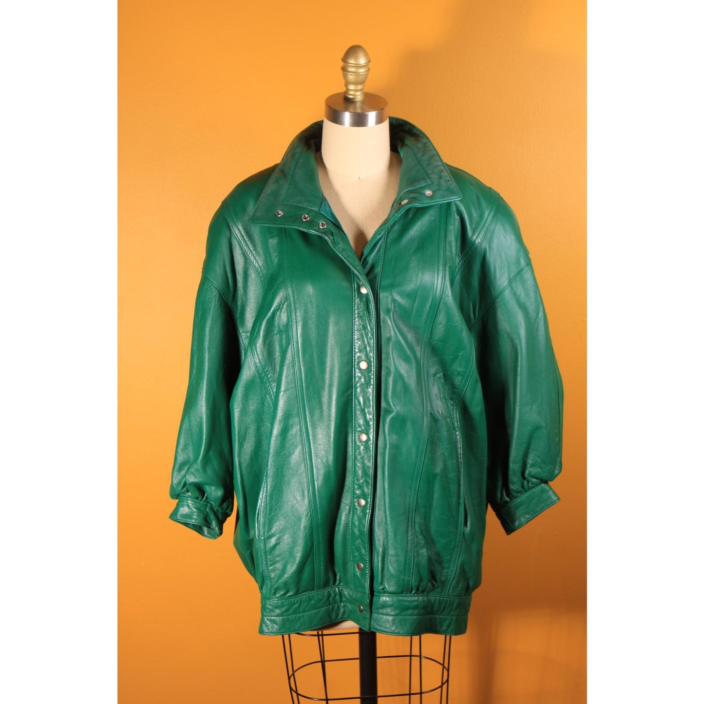 1980s Green Leather Metal Snap 3/4 Length Sleeve Jacket Coat