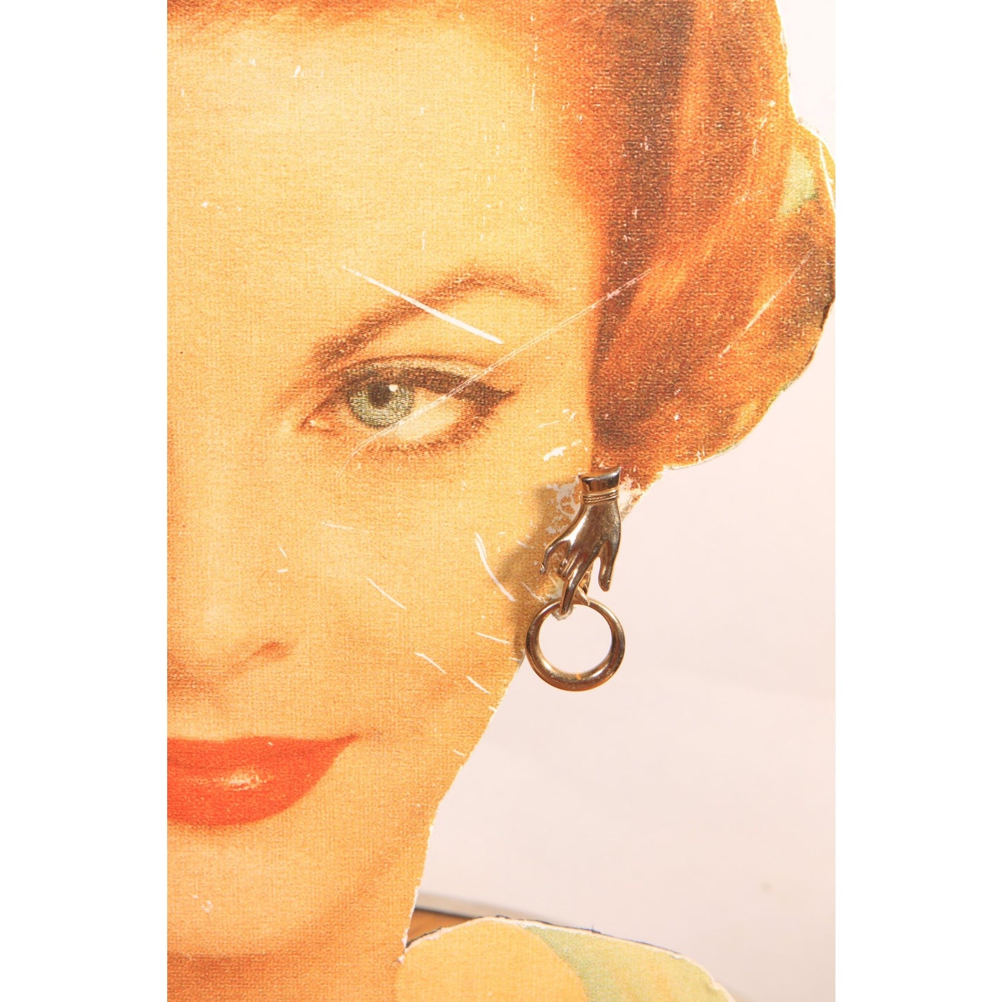 1950s Gold Tone Metal Novelty Hand and Circle Hoop Screw Back Earrings