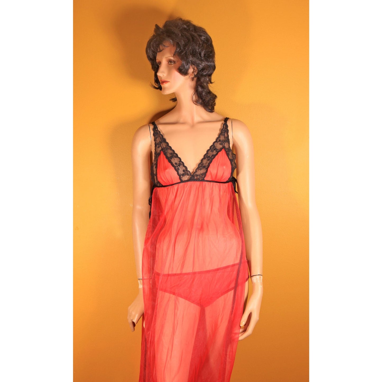 1960s Red and Black Open Side Night Gown with Matching Panties and Open Sleeve Robe Three Piece Lingerie Set
