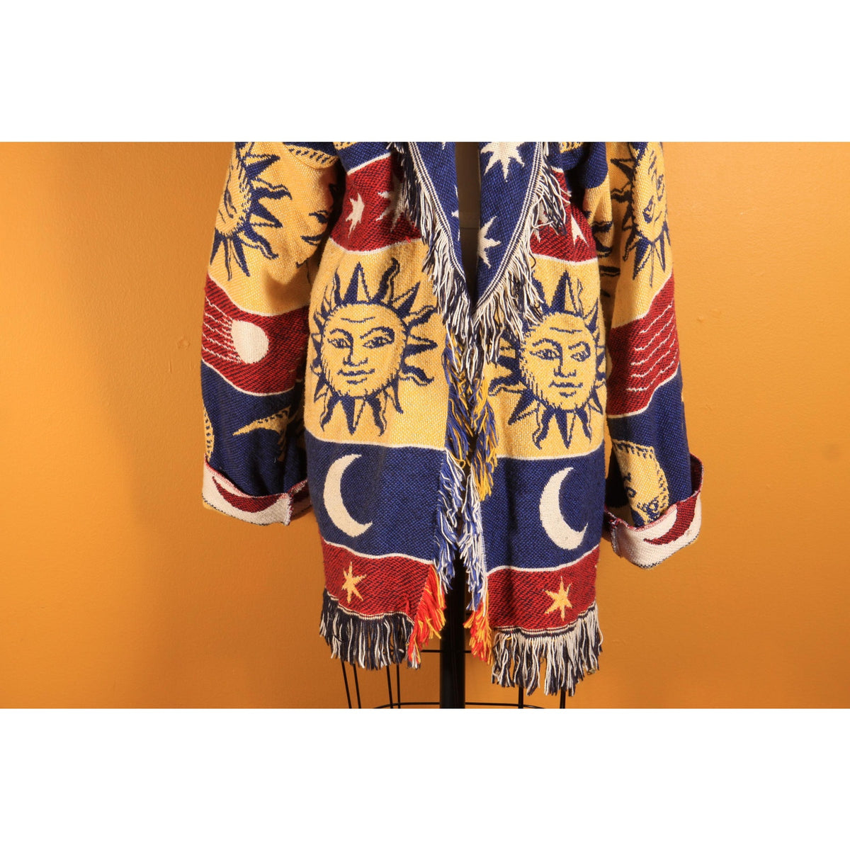 1990s Navy Blue, Yellow, Red and White Novelty Celestial Sun, Moon and Stars Fringe Tapestry Quilt Blanket Jacket Coat -M-XL