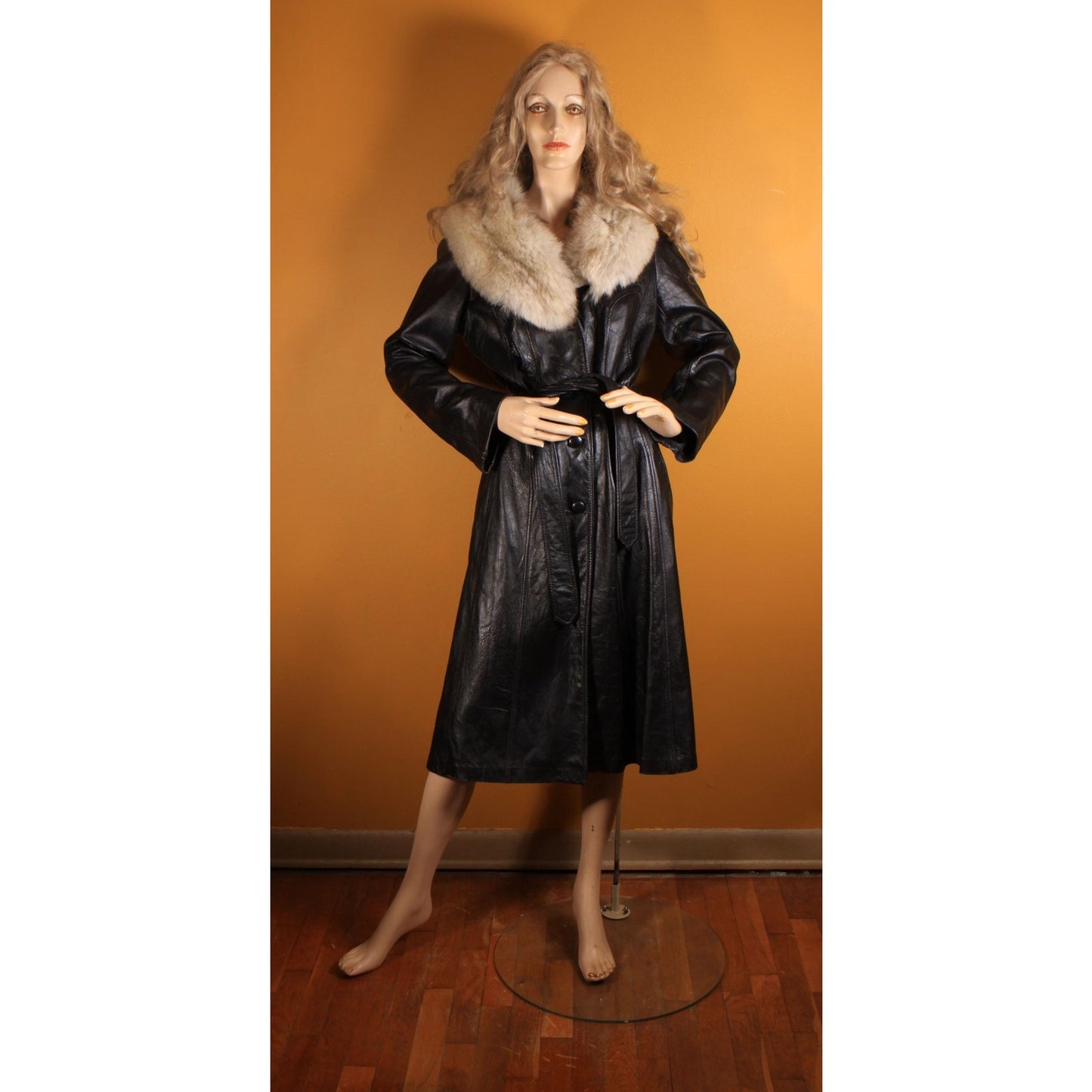 1970s Black Leather Long Sleeve Fox Fur Collar Trench Coat by Imperial -M-L