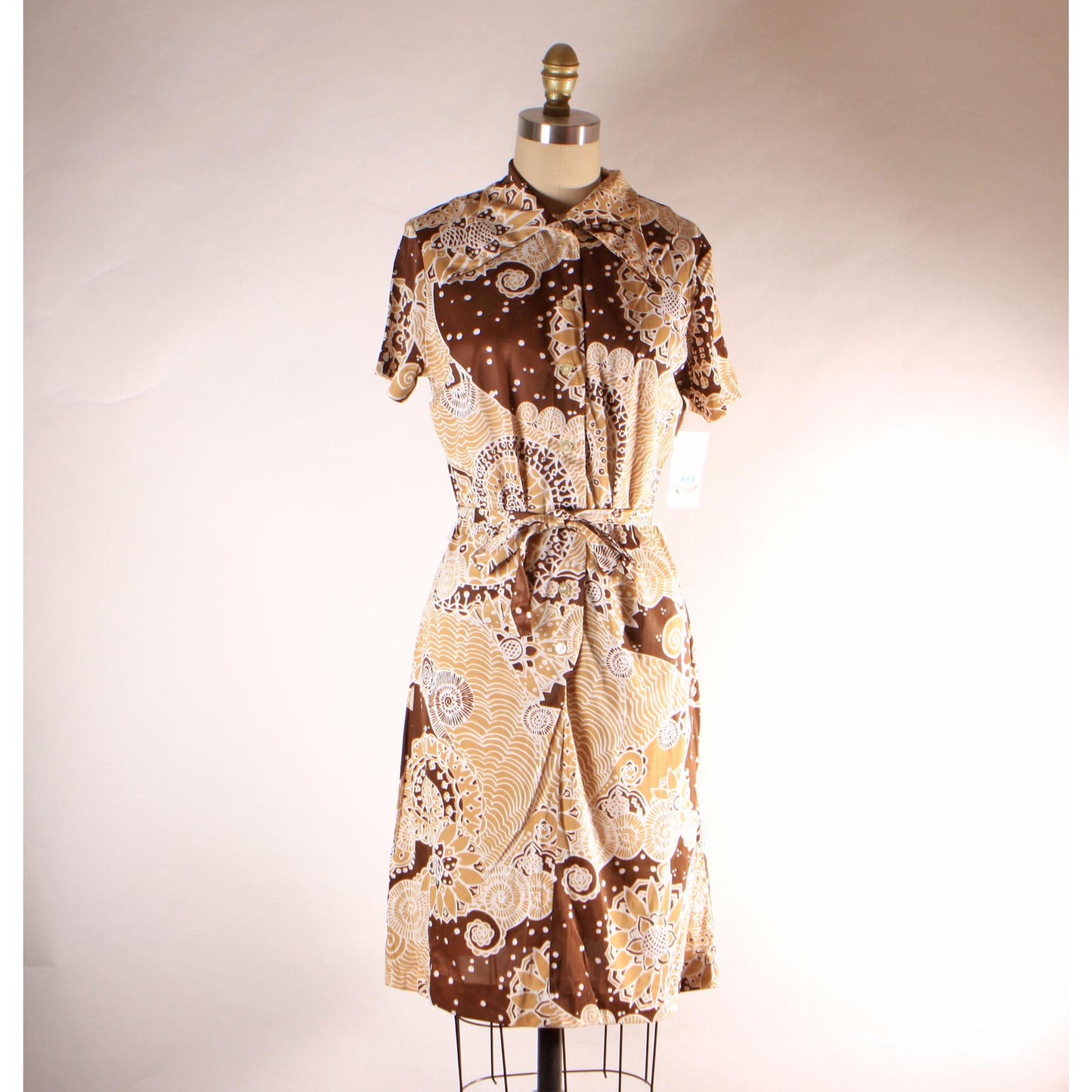 1960s Brown and Tan Psychedelic Abstract Swirl Short Sleeve Belted Dress -XL