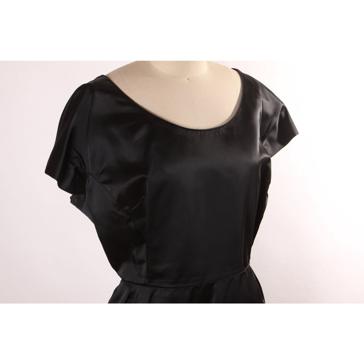 1960s Black Satin Short Sleeve Full Length Dress -XL