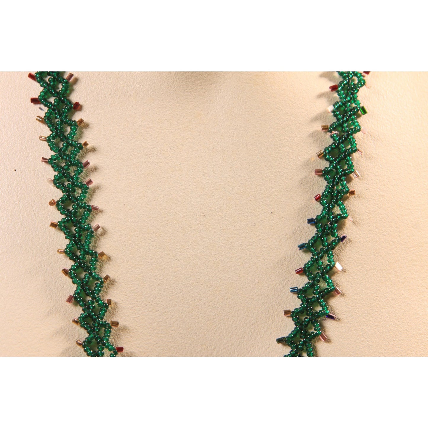 1920s Dark Green Glass Beaded Tassel Fringe Flapper Necklace