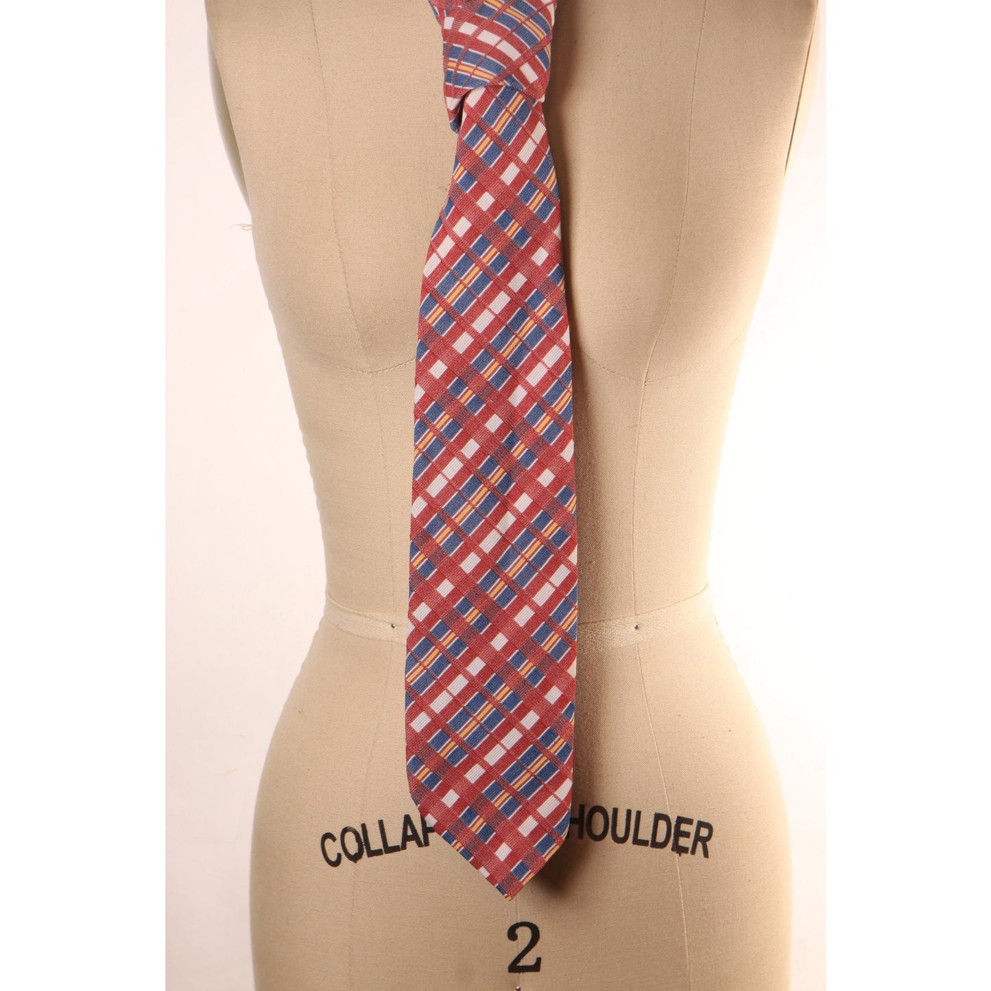 1970s Red, Blue, Yellow and White Plaid Polyester Wide Necktie Tie