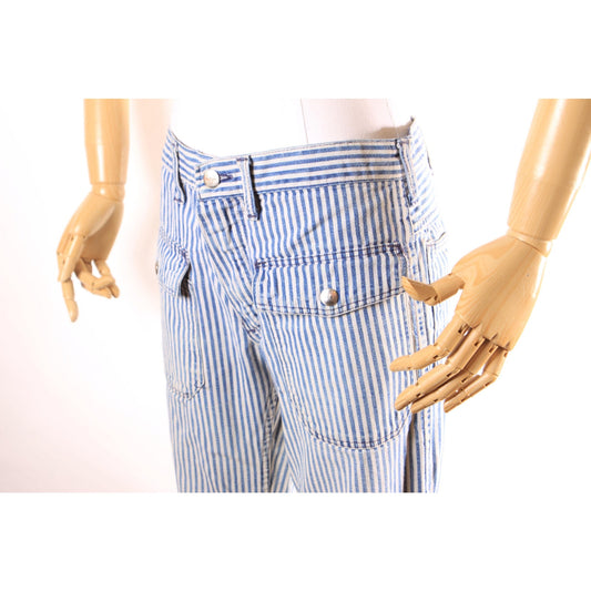 1970s Blue and White Striped Novelty Help and Love Patchwork Patch Railroad Jeans by Wrangler -31x34