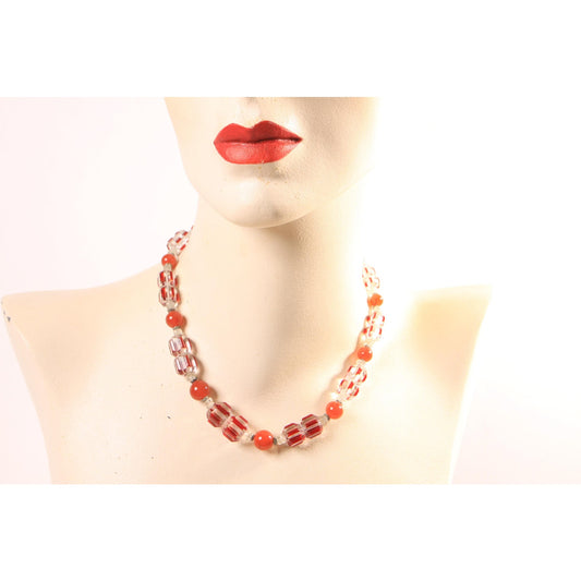 Vintage Clear, Orange and Red Faceted Glass Beaded Necklace