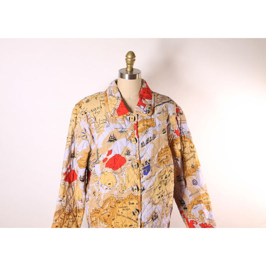 1980s 1990s Multi-Colored Novelty World Map Long Sleeve Quilted Jacket by Alex Kim by Allure -M