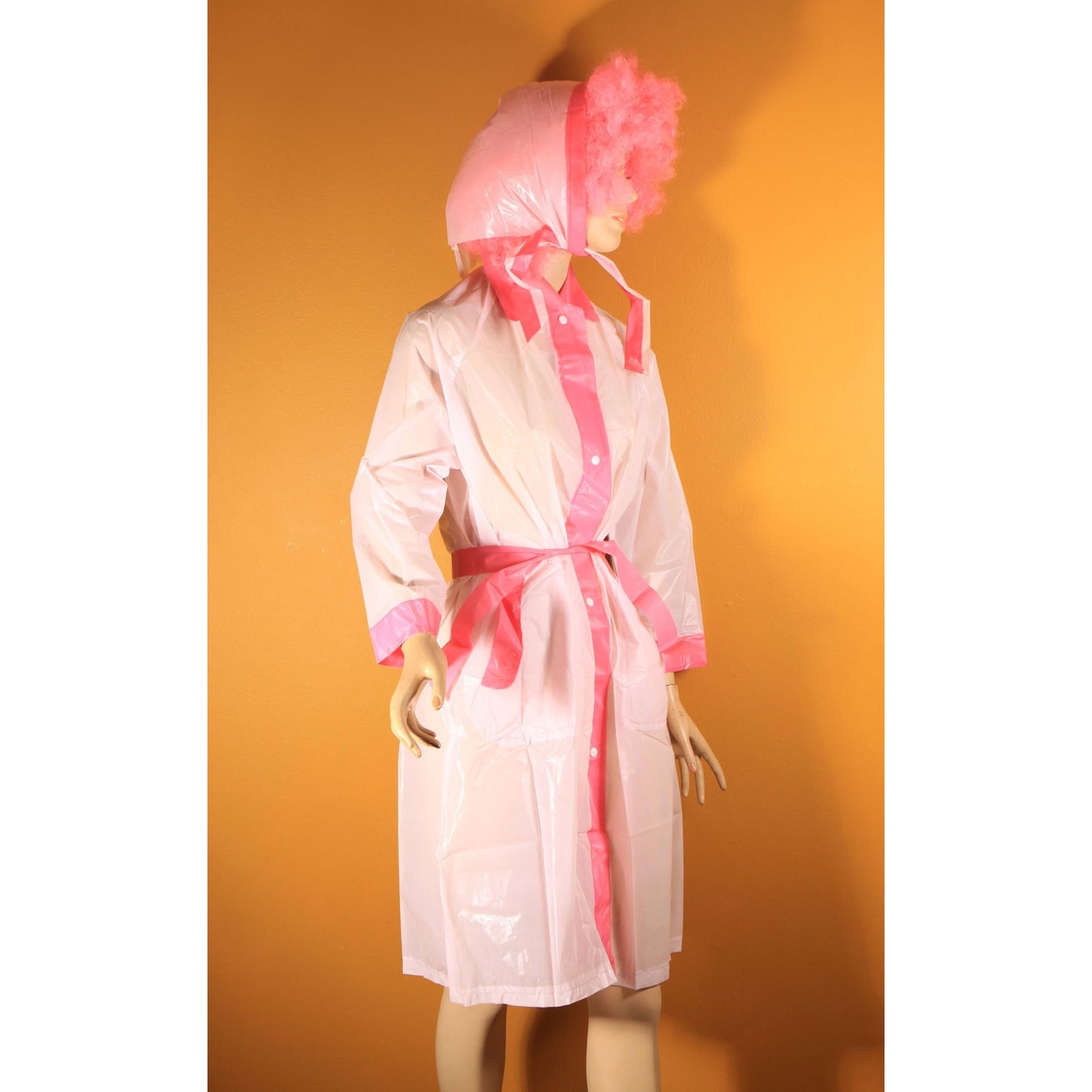 Deadstock 1950s Two Tone Pink Metal Snap Belted Raincoat with Matching Rain Bonnet -S
