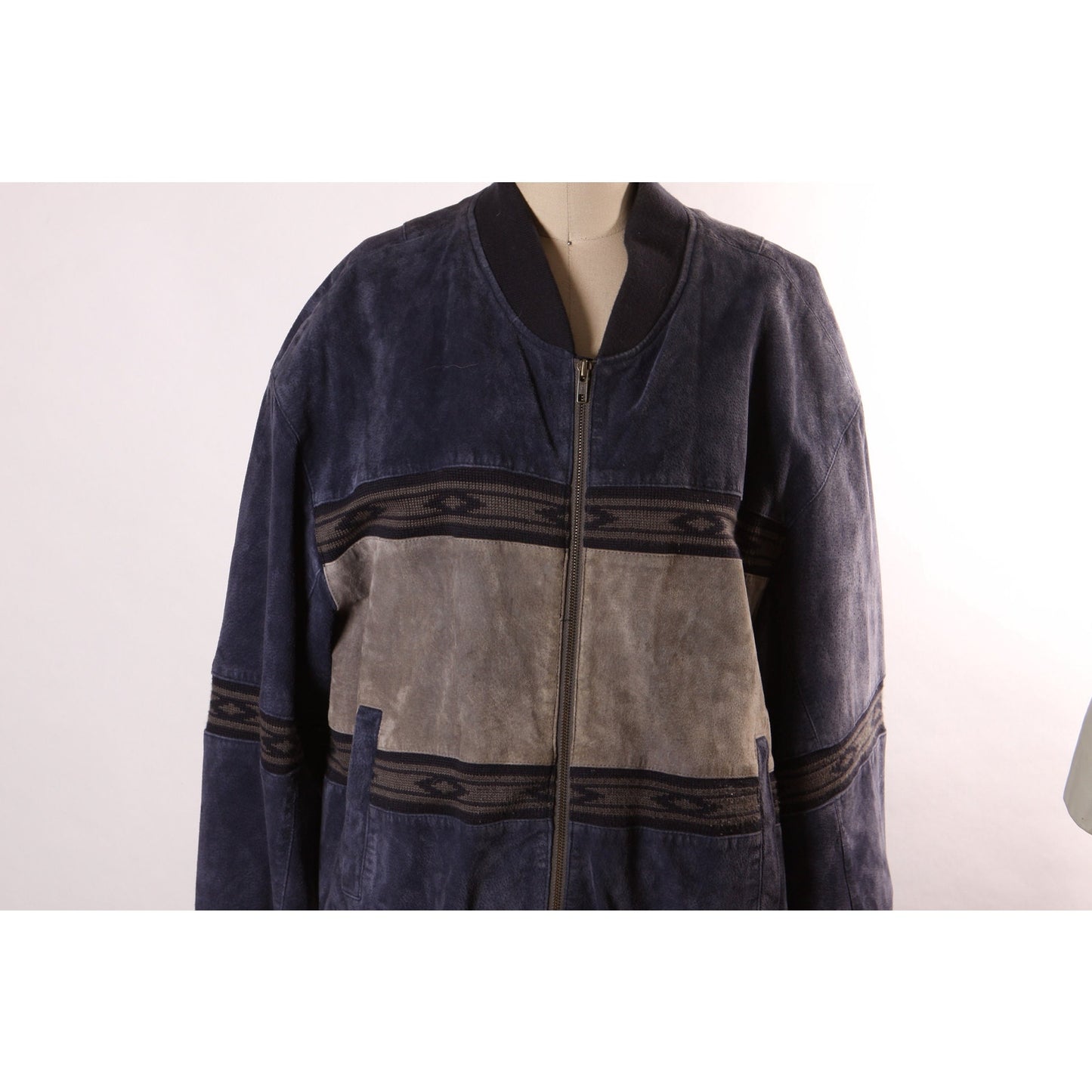 1980s Navy Blue and Gray Suede Leather Western Long Sleeve Zip Up Front Coat by Scully -L