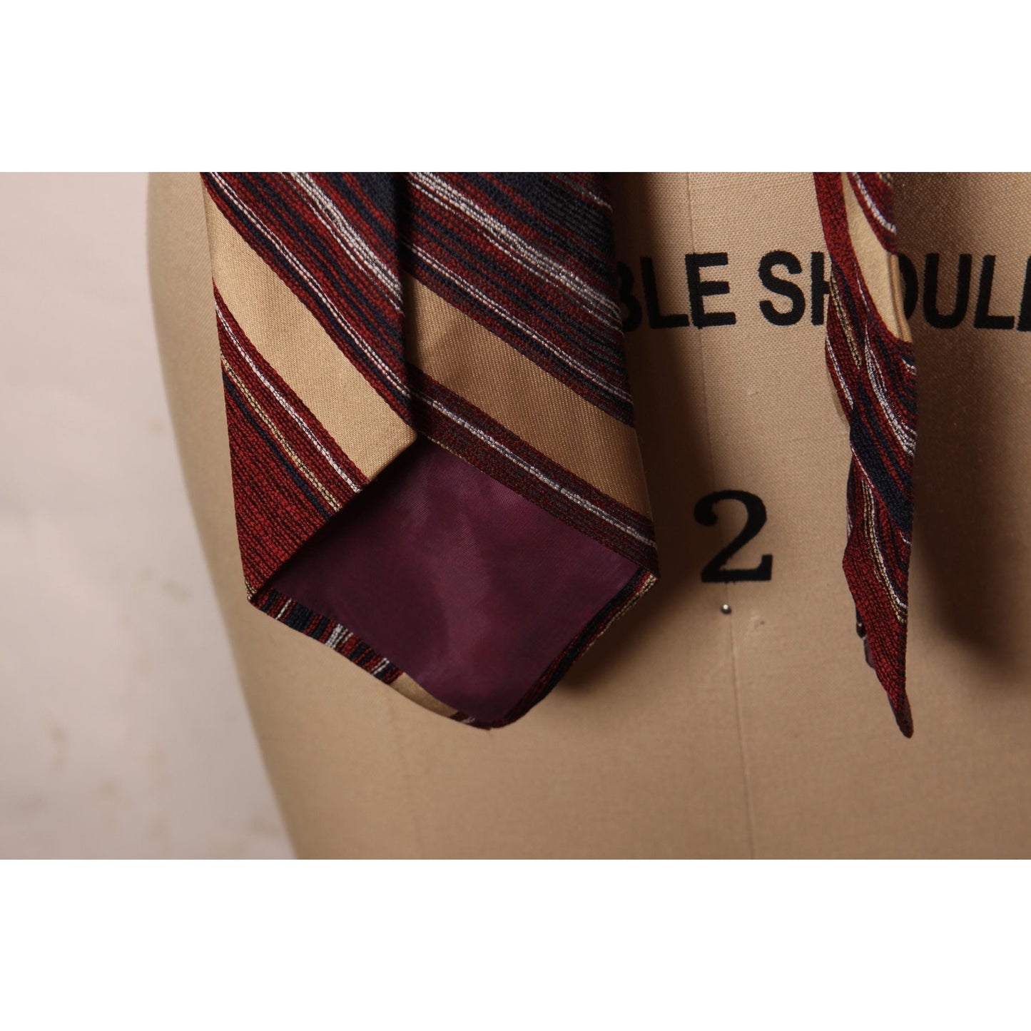 1970s Burgundy, Blue and Tan Striped Wide Necktie Tie by Carriage Cravats