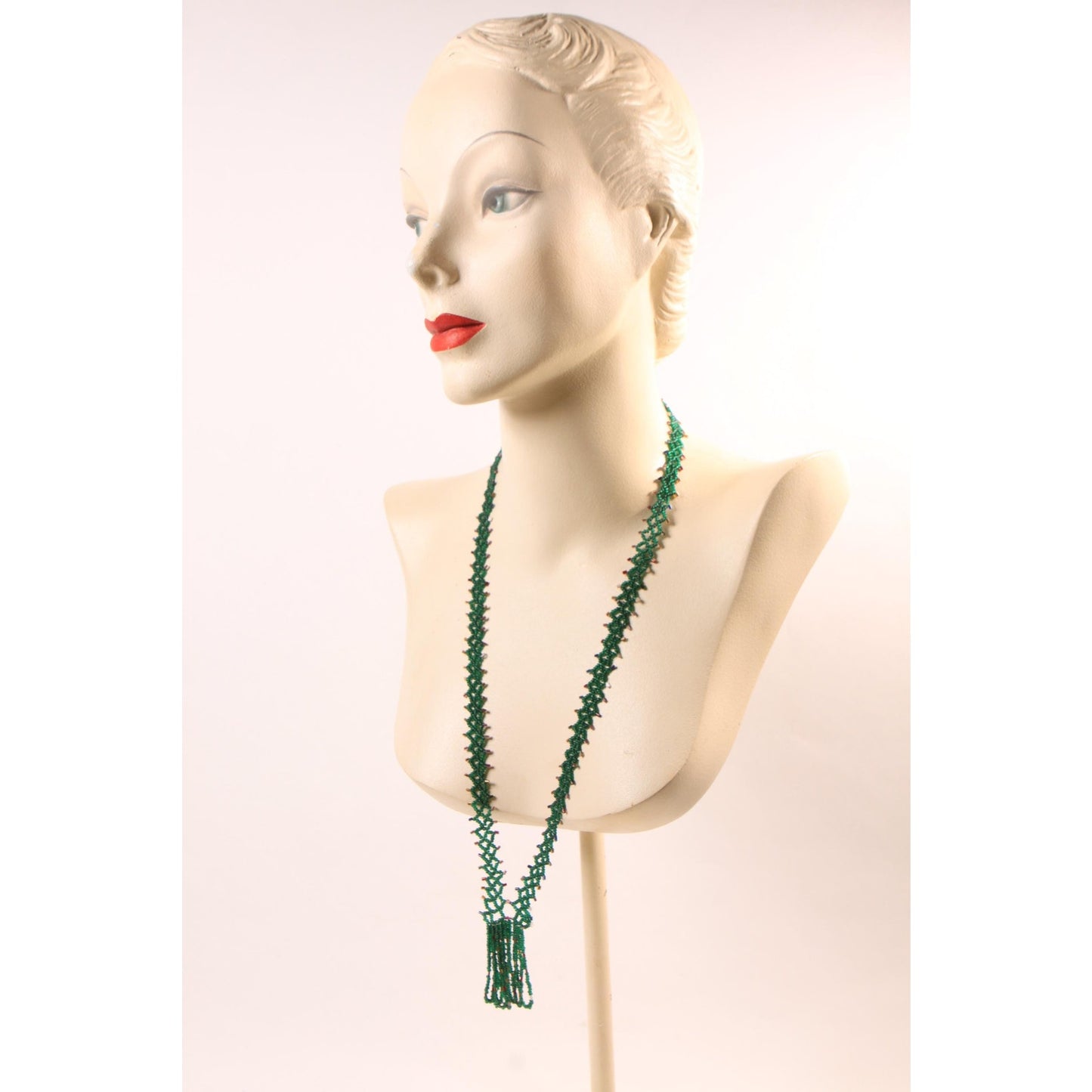 1920s Dark Green Glass Beaded Tassel Fringe Flapper Necklace