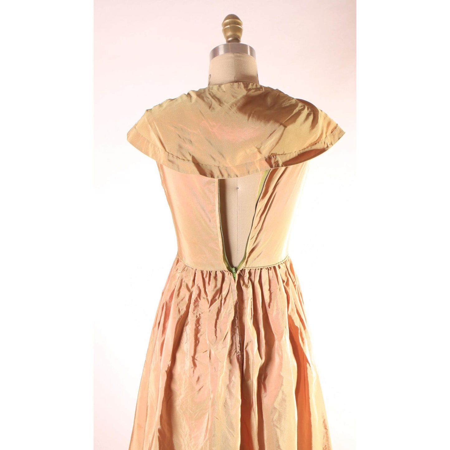 1940s Bronze Brown and Green Sharkskin Acetate Sleeveless Attached Wrap Full Length Formal Prom Dress -XS