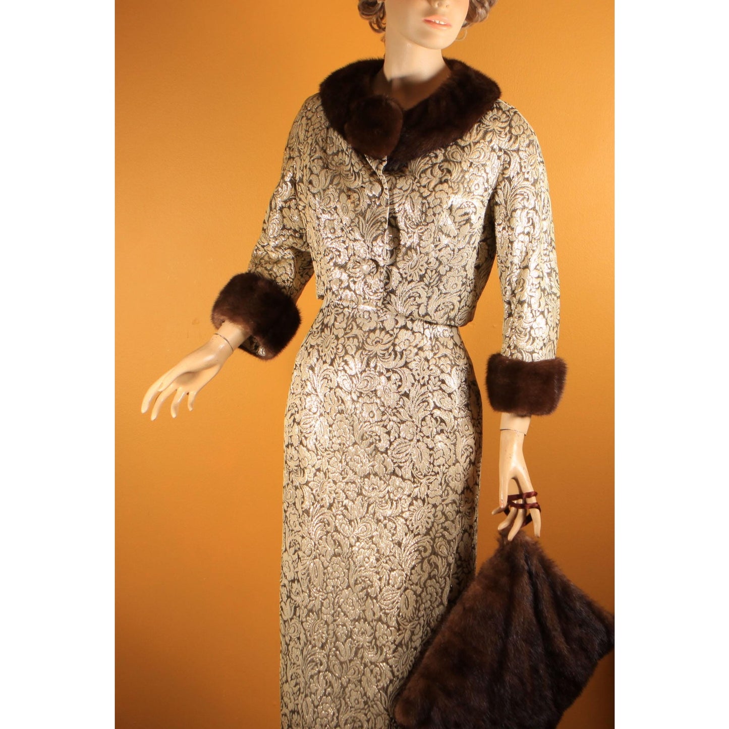 Early 1950s Gold & Brown Lurex Floral Mink Fur Trim Sleeveless Cocktail Dress with Matching Cropped Jacket and Muff by Terry Allen Original