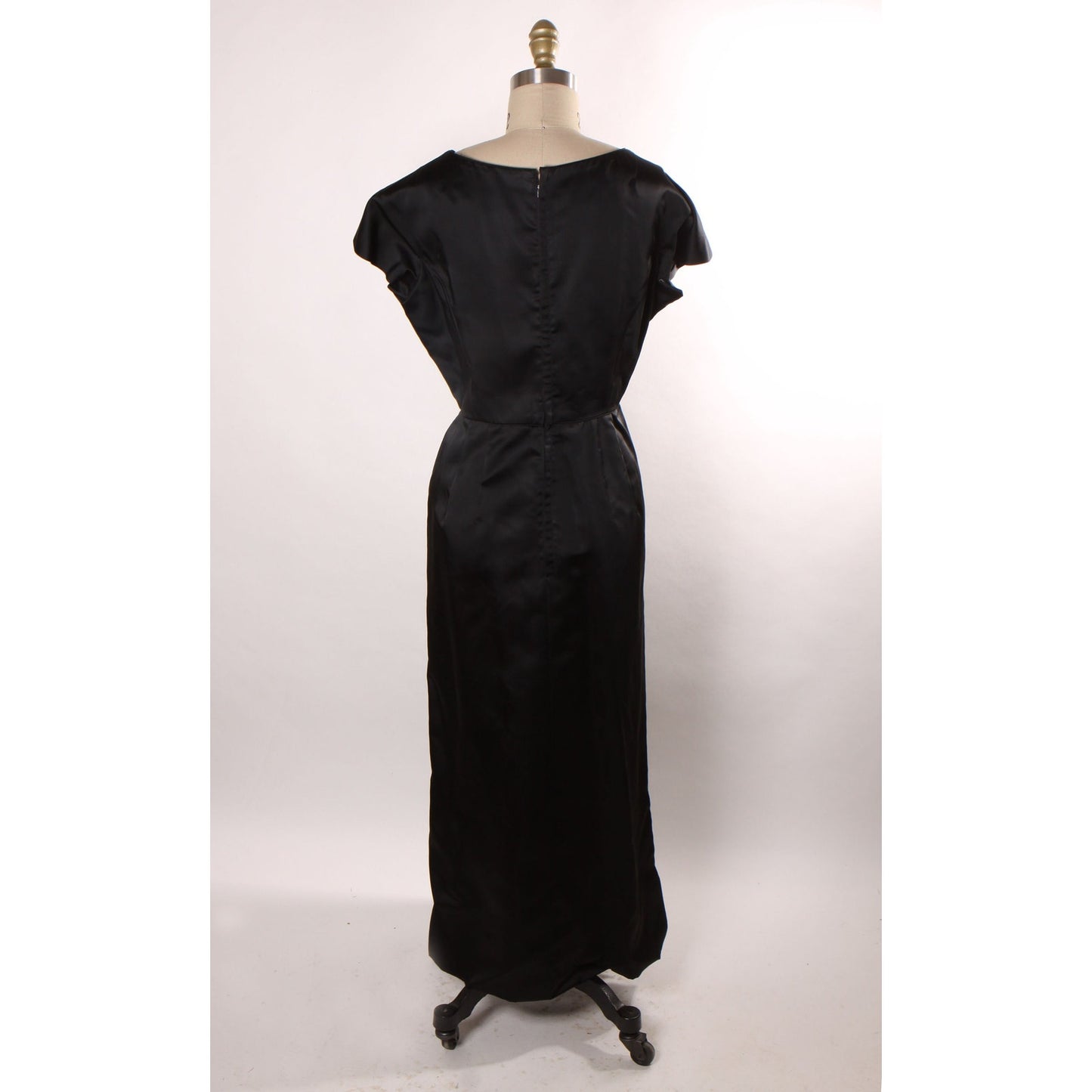 1960s Black Satin Short Sleeve Full Length Dress -XL