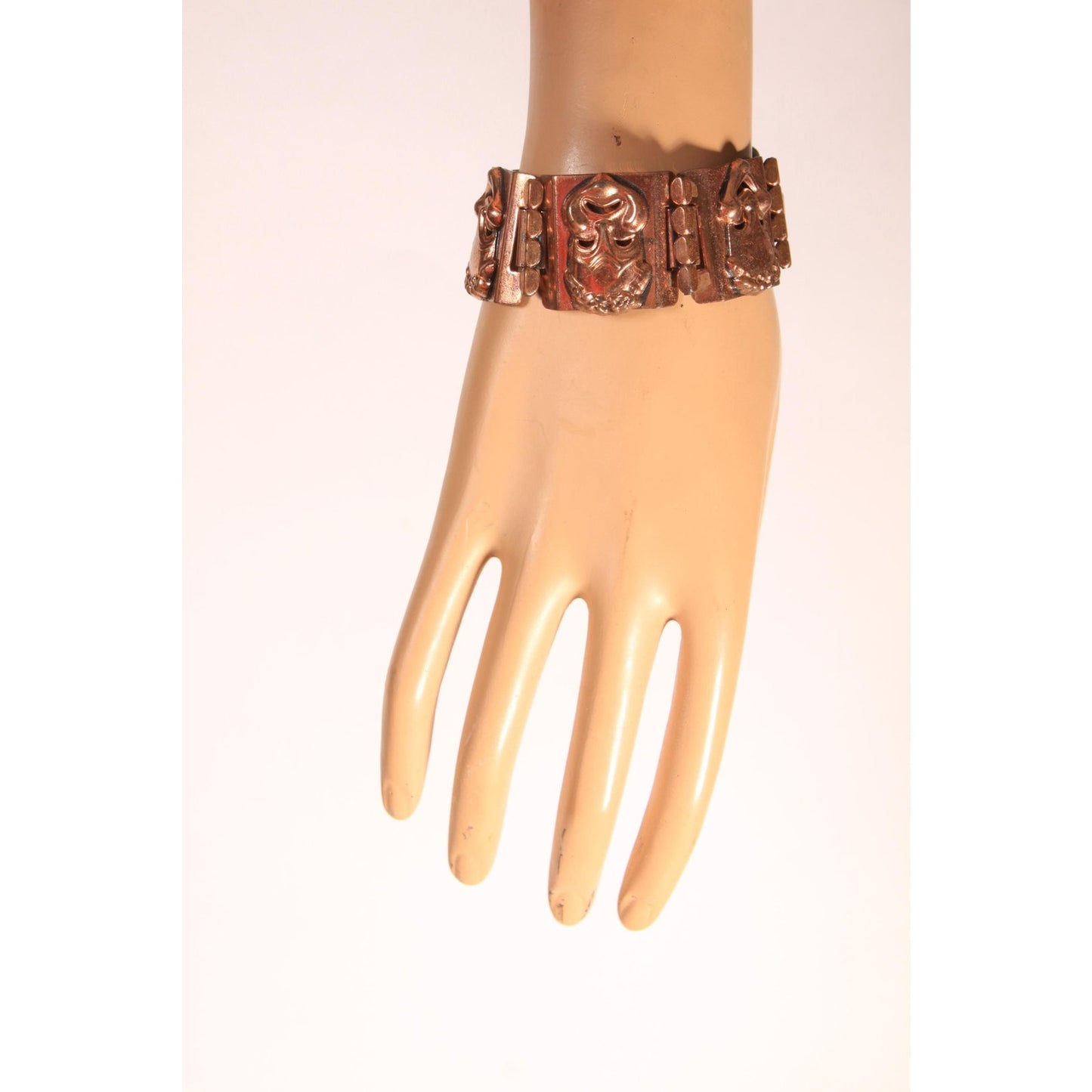 1950s Copper Comedy and Tragedy Mask Bracelet with Matching Earrings Jewelry Set by Renoir