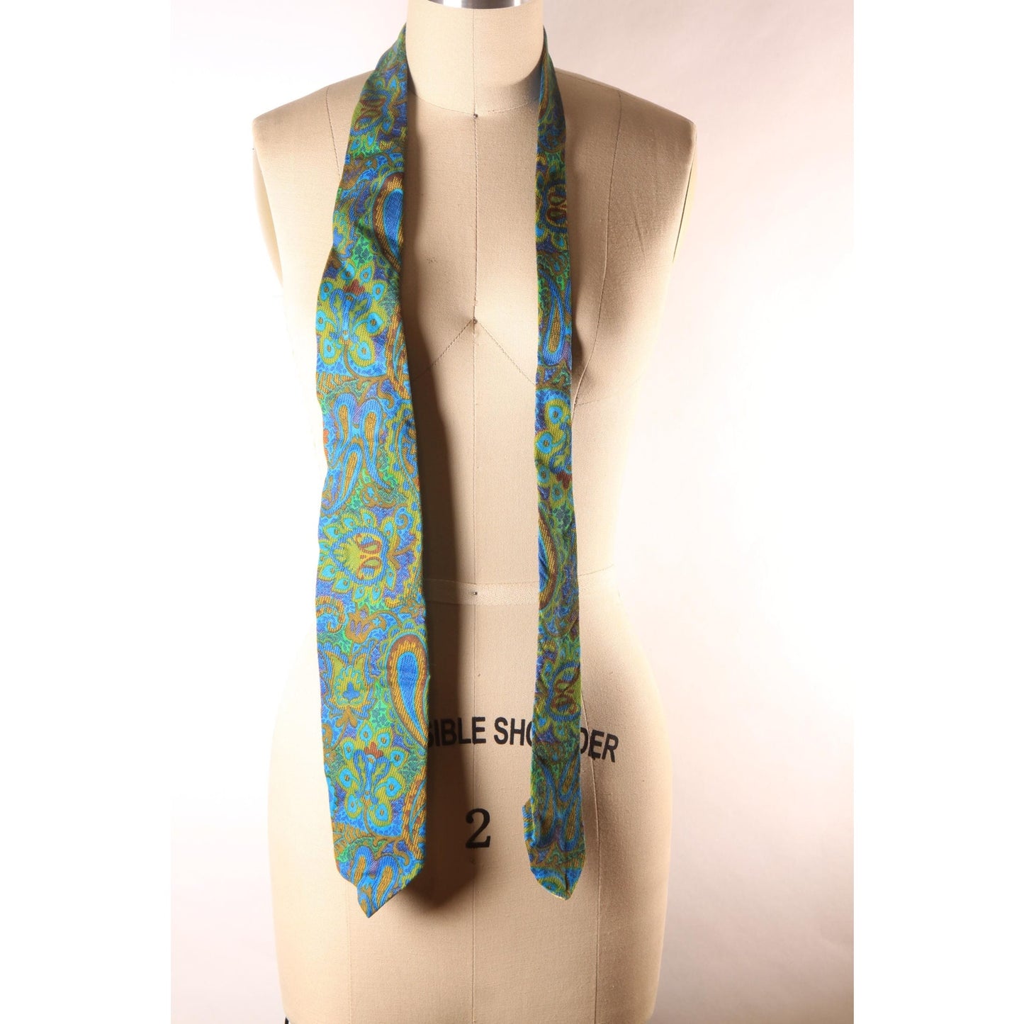 1960s Blue, Green and Tan Paisley Pscyhedelic Necktie