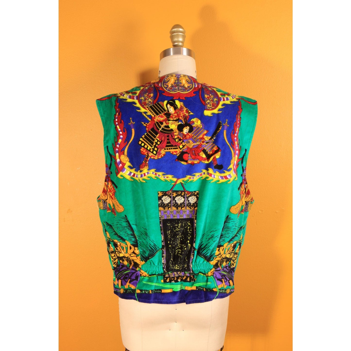 1990s Green and Multi-Colored Novelty Velvet Japanese Samurai Zip Up Vest by Versace Sport -XL-2XL