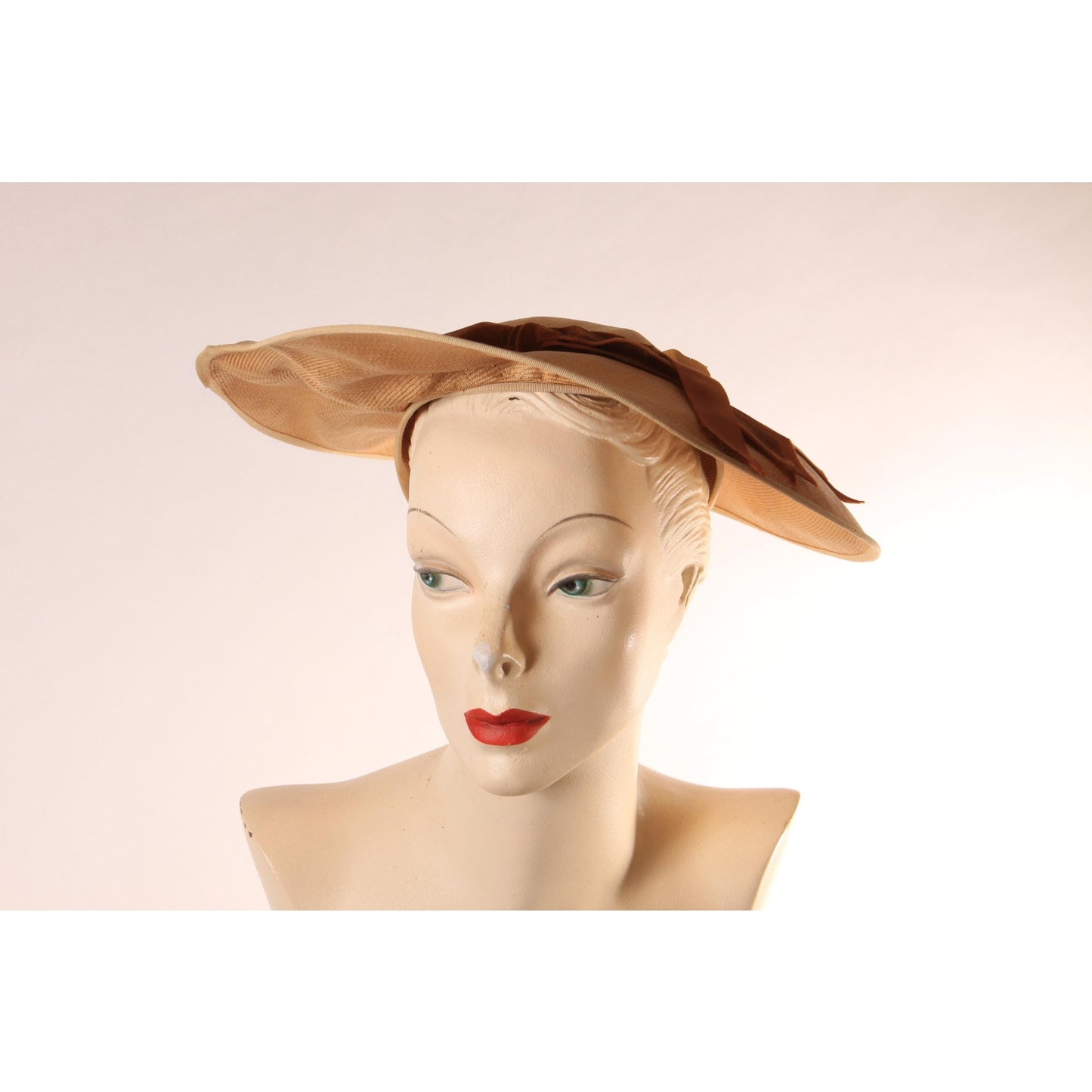 1940s Tan Straw Hat with Brown Velvet Bow Formal Wide Brim Sun Hat by Lady Beatrice Model