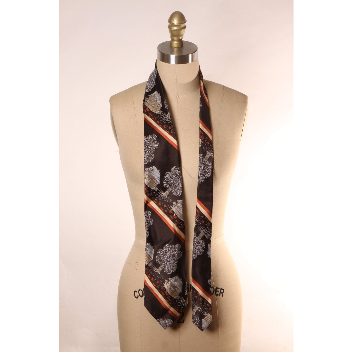 1970s Brown, White and Orange Novelty House Print Wide Necktie Tie by JCPenney
