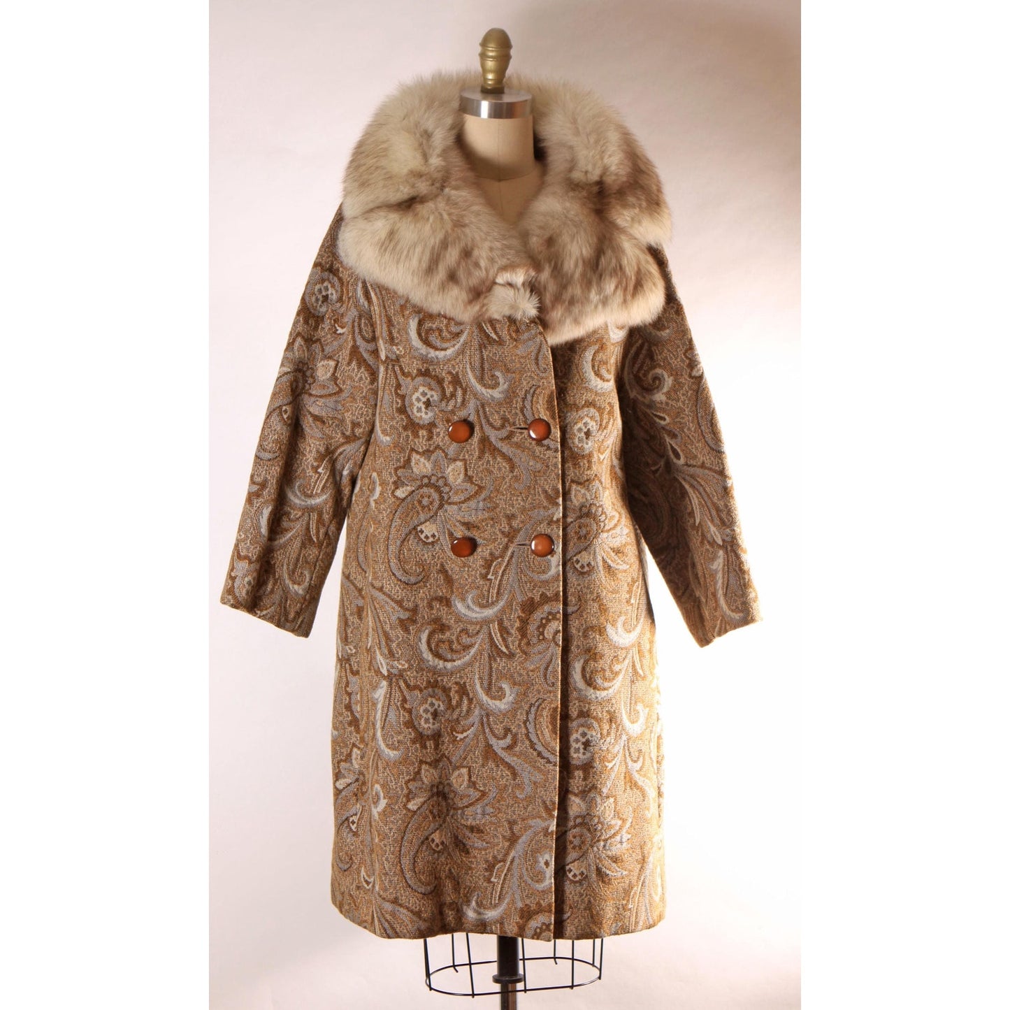 1960s Brown and Blue Gray Swirl Paisley Tapestry Fox Fur Collar Carpet Coat