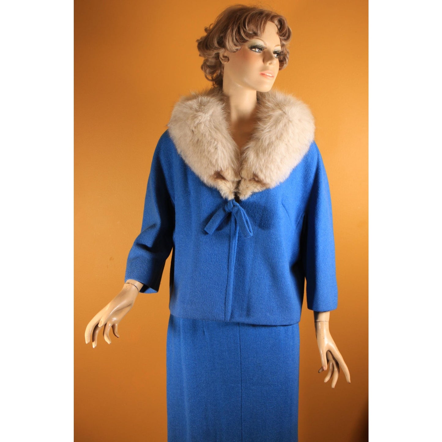 Early 1960s Blue Bracelet Sleeve Fox Fur Collar Jacket with Matching Pencil Skirt Suit Two Piece Outfit by Lilli Ann -1XL