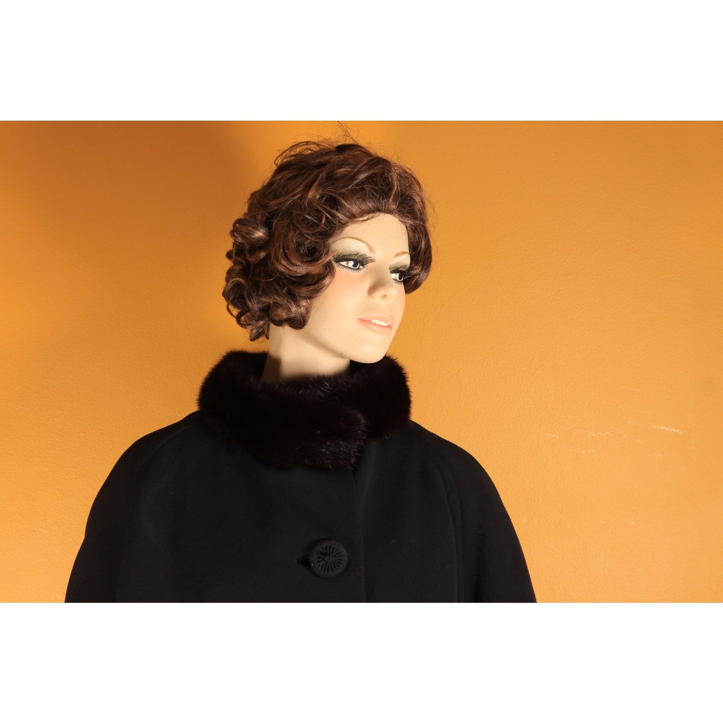 1950s Black Bracelet Sleeve Mink Fur Collar Swing Coat by Netter's -XL