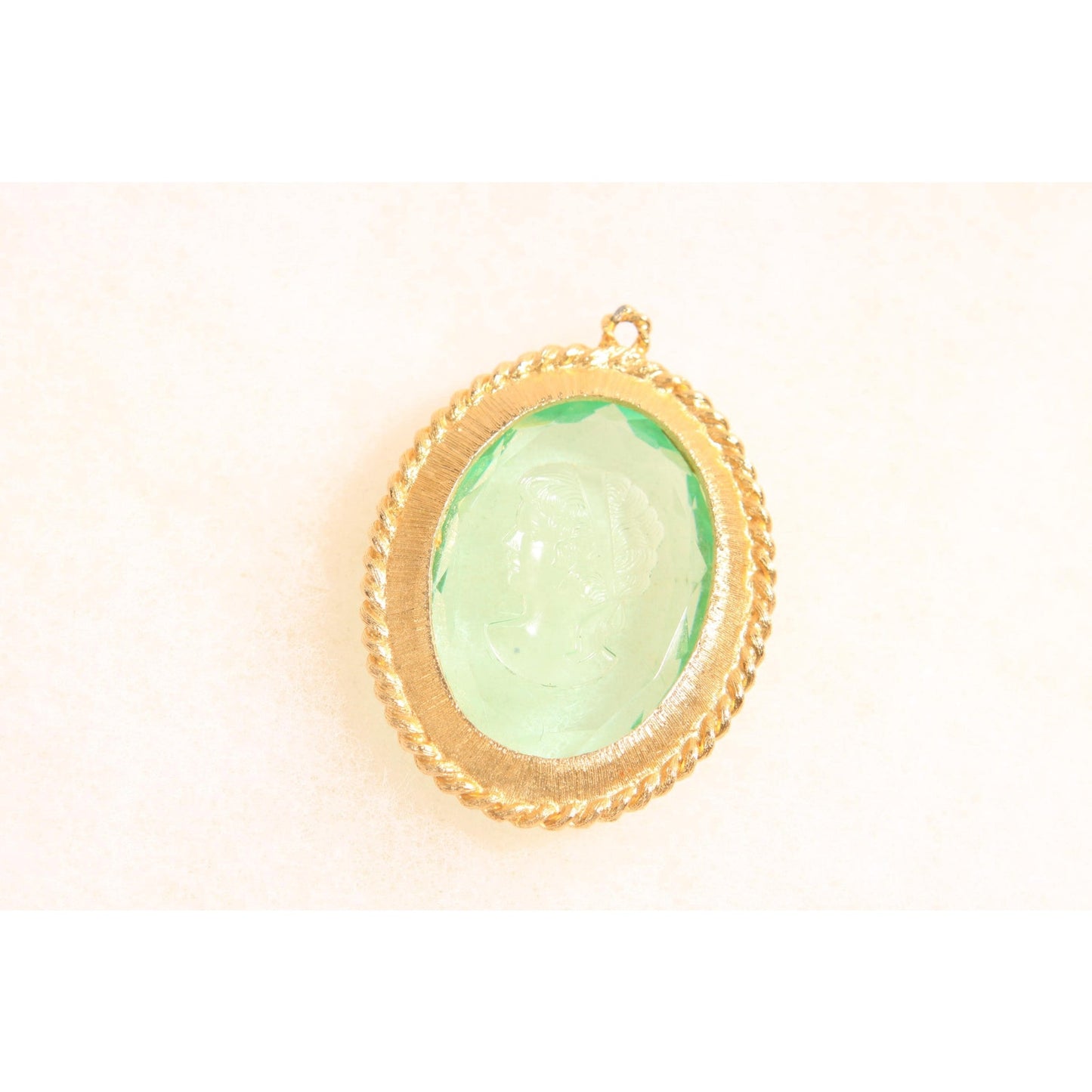 1970s Gold Tone Metal Blue Clear Glass Cameo Etched Glass Necklace Pendant