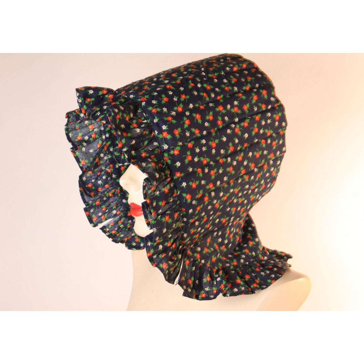1970s Blue, Red, Yellow and White Floral Calico Prairie Bonnet Hat