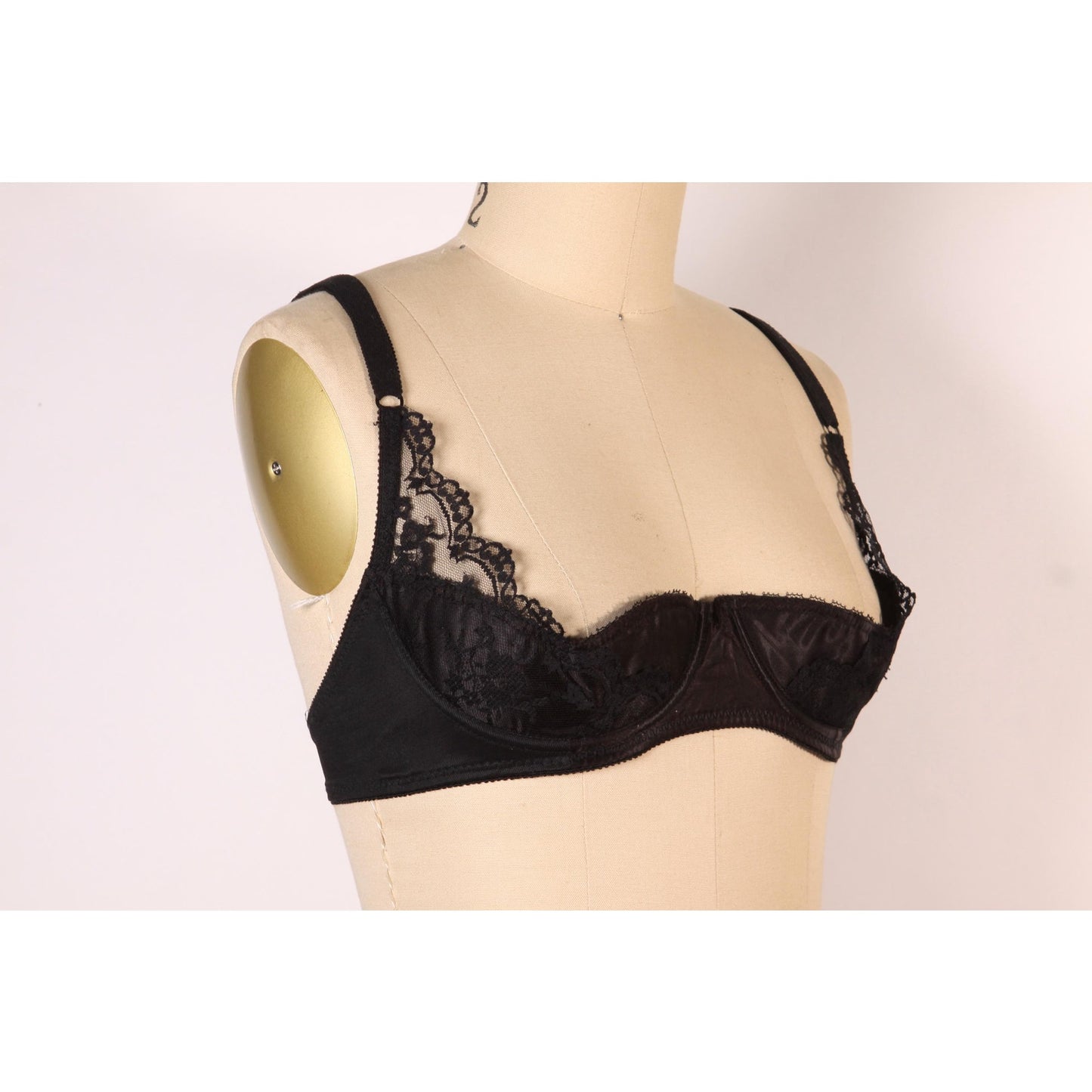 1970s Black Open Cup Lace Trim Shelf Bra by Fredericks of Hollywood-36C