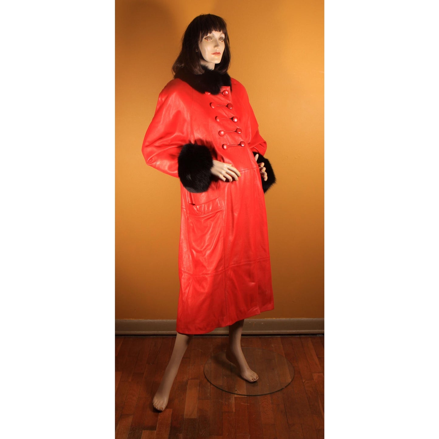 1980s Red Leather and Black Fox Fur Trim Long Sleeve Coat by McDaniel's -XL