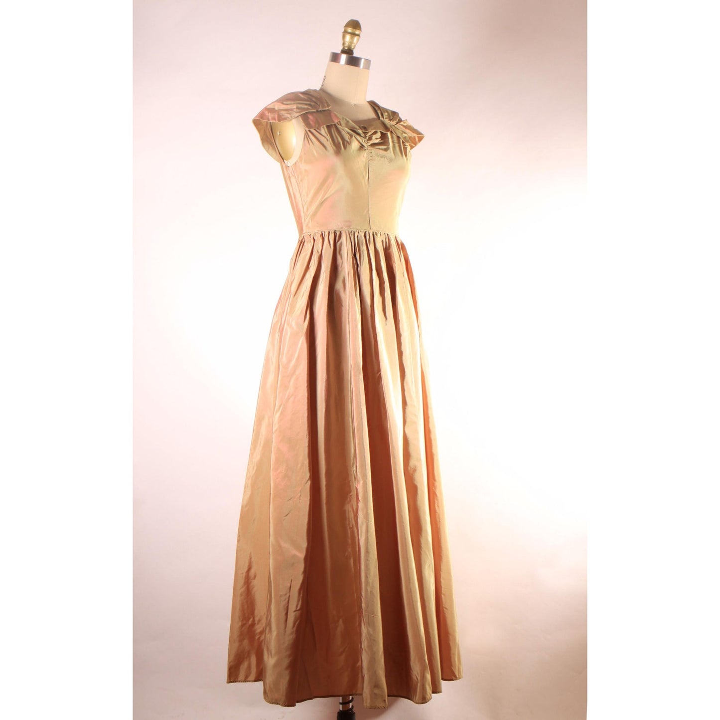 1940s Bronze Brown and Green Sharkskin Acetate Sleeveless Attached Wrap Full Length Formal Prom Dress -XS