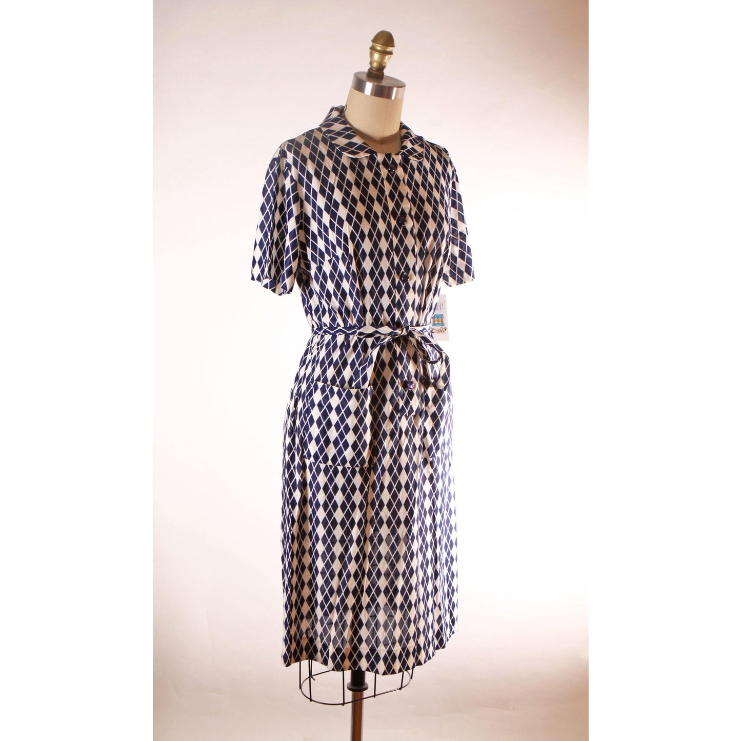 1960s Blue and White Harlequin Print Short Sleeve Belted Dress by RS Apparel -L
