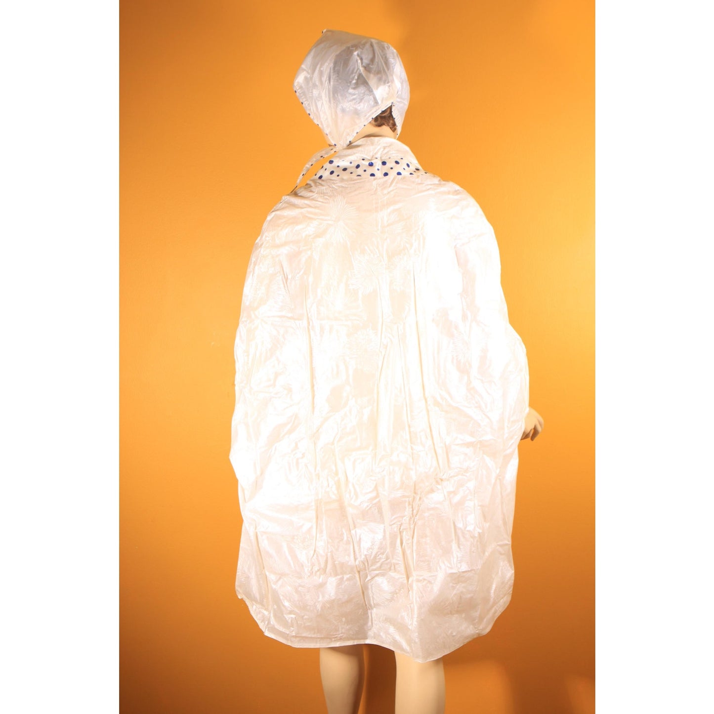 Deadstock 1960s Opaque White and Blue Polka Dot Trim Floral Textured Vinyl Raincoat Cape and Matching Rain Bonnet