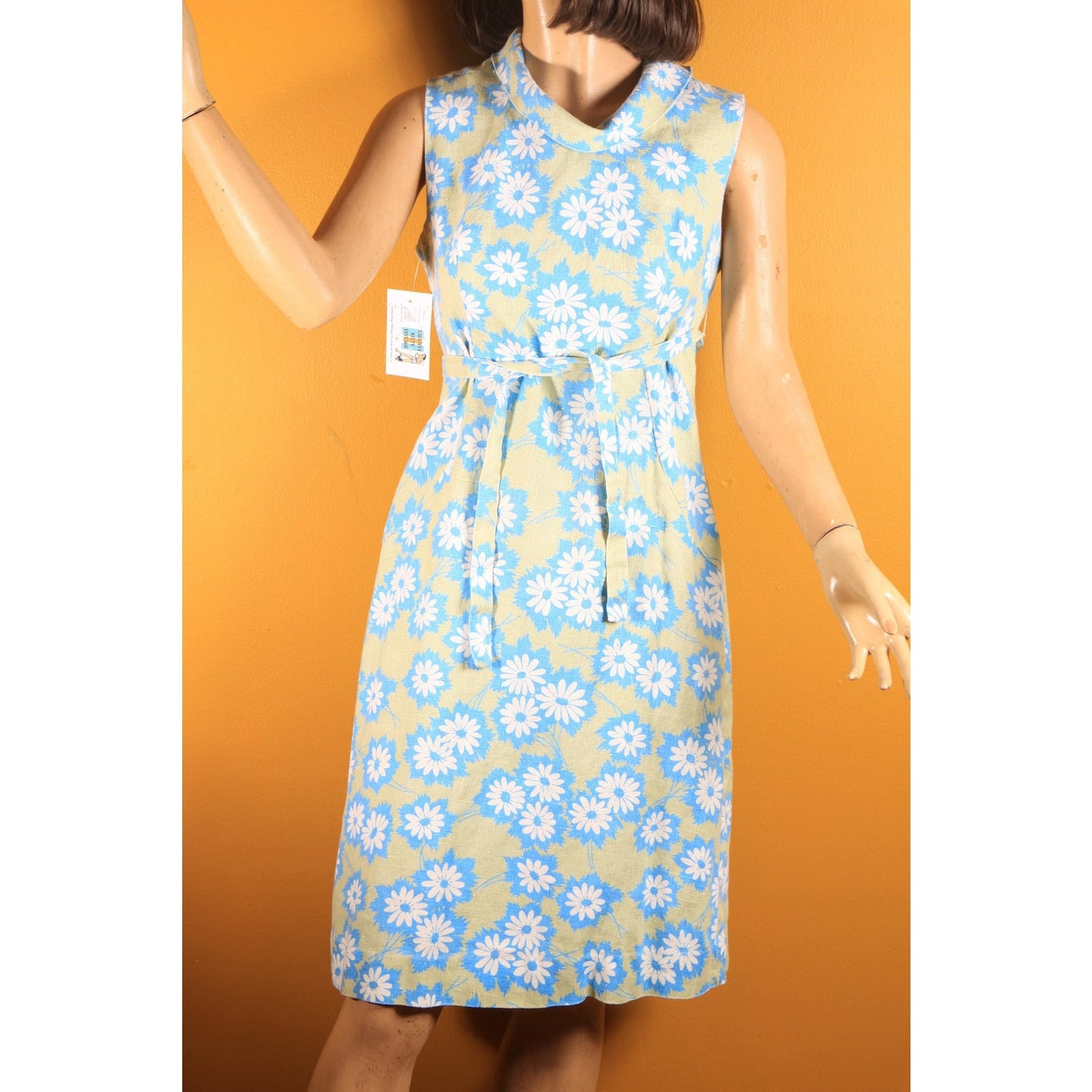 1960s Blue, Green and White Floral Sleeveless Shift Dress by RS Apparel -M