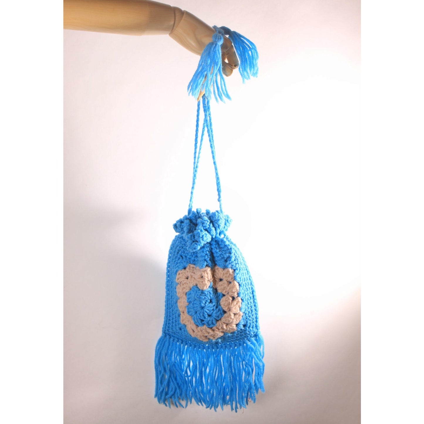 1970s Turquoise Blue and Tan Crochet Granny Square Fringe Drawstring Purse Bag