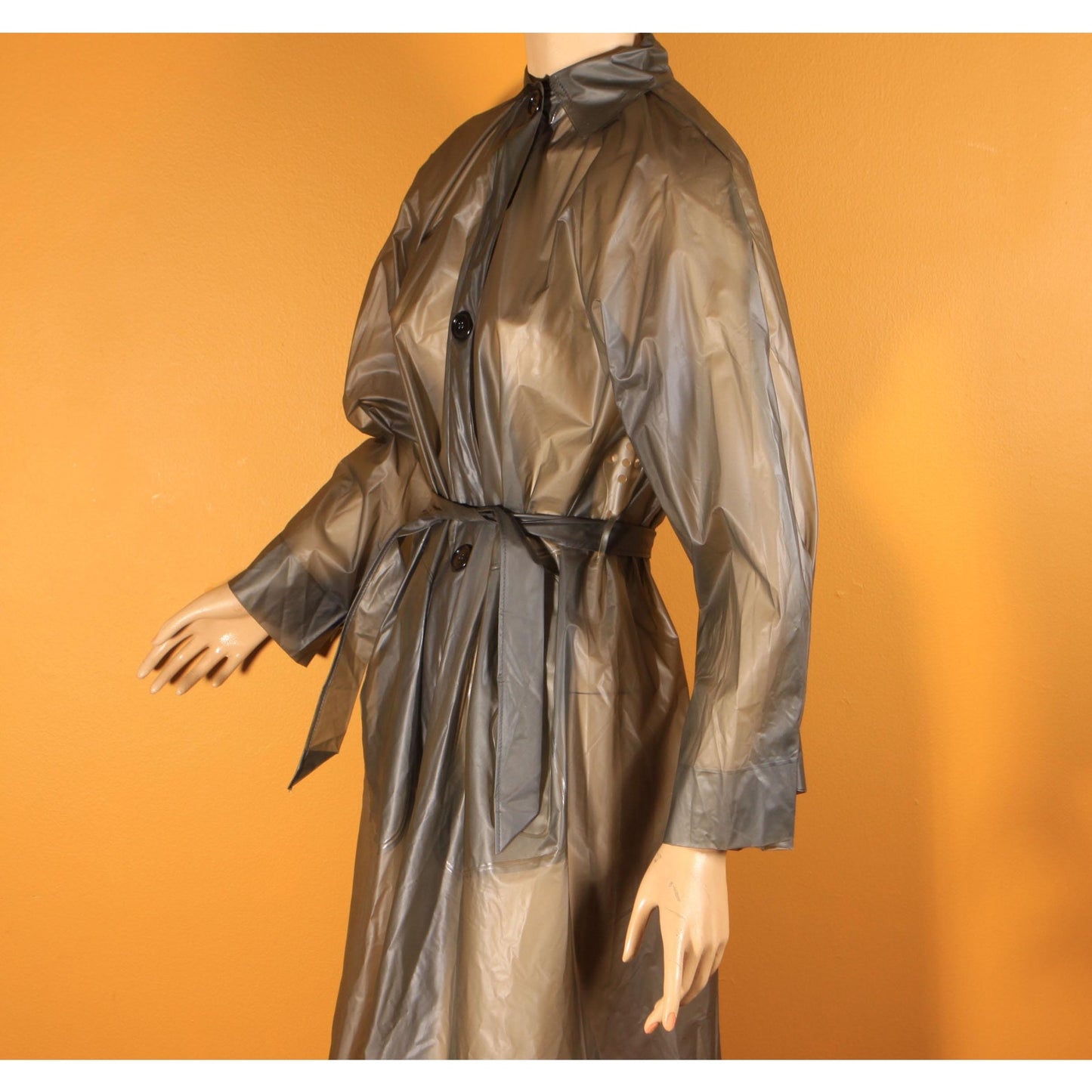 1950s 1960s See Through Gray Button Down Belted Raincoat with Matching Rain Bonnet by Aqua Sheen by Exylin -S