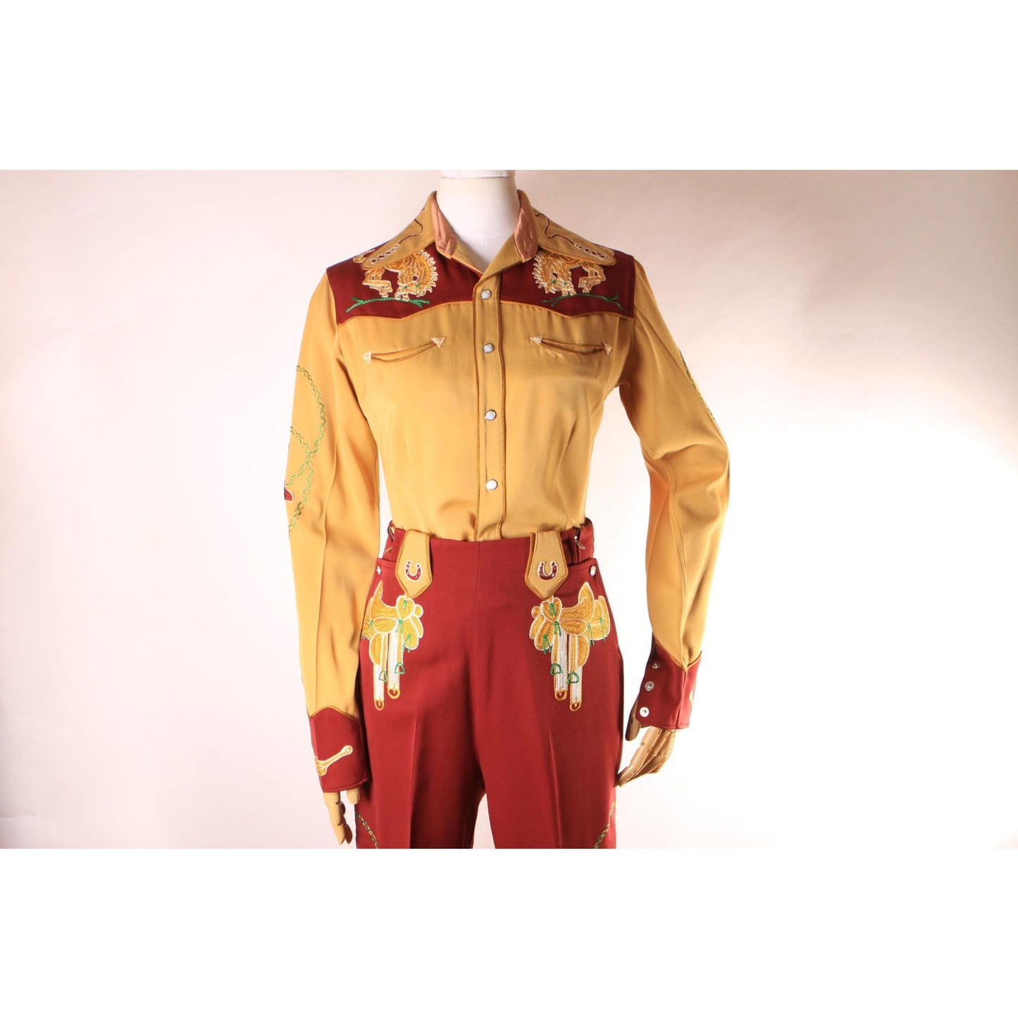 1940s 1950s Brown Cowgirl Novelty Horse Saddle Boots Longhorn High Waisted Pants and Pearl Snap Blouse Western Two Piece Outfit by Frontex