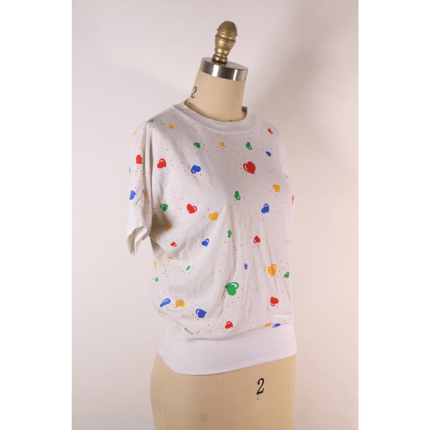 1980s White, Red, Yellow, Blue and Green Novelty Clowncore Heart Print Short Sleeve T-Shirt -S